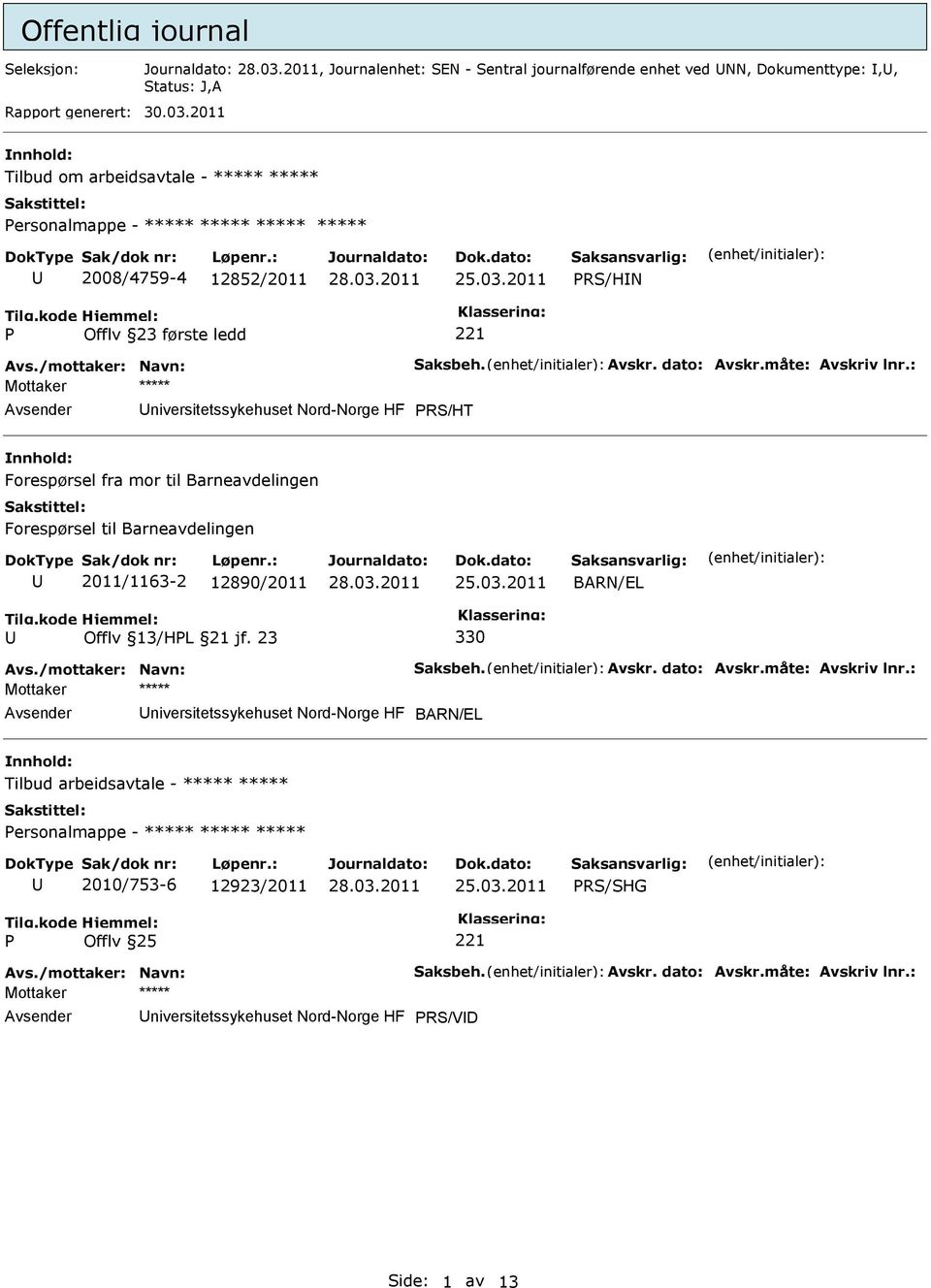 måte: Avskriv lnr.: niversitetssykehuset Nord-Norge HF RS/HT nnhold: Forespørsel fra mor til Barneavdelingen Forespørsel til Barneavdelingen 2011/1163-2 12890/2011 BARN/EL 330 Avs.