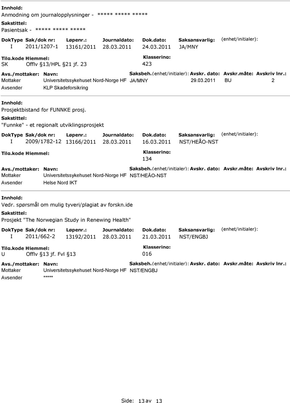 /mottaker: Navn: Saksbeh. Avskr. dato: Avskr.måte: Avskriv lnr.: Mottaker niversitetssykehuset Nord-Norge HF NST/HEÅO-NST Helse Nord KT nnhold: Vedr. spørsmål om mulig tyveri/plagiat av forskn.
