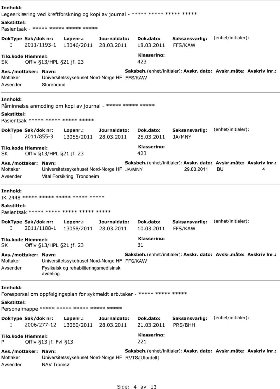 : Mottaker niversitetssykehuset Nord-Norge HF Storebrand nnhold: åminnelse anmoding om kopi av journal - ***** ***** ***** asientsak ***** ***** ***** ***** 2011/855-3 13055/2011 Avs.