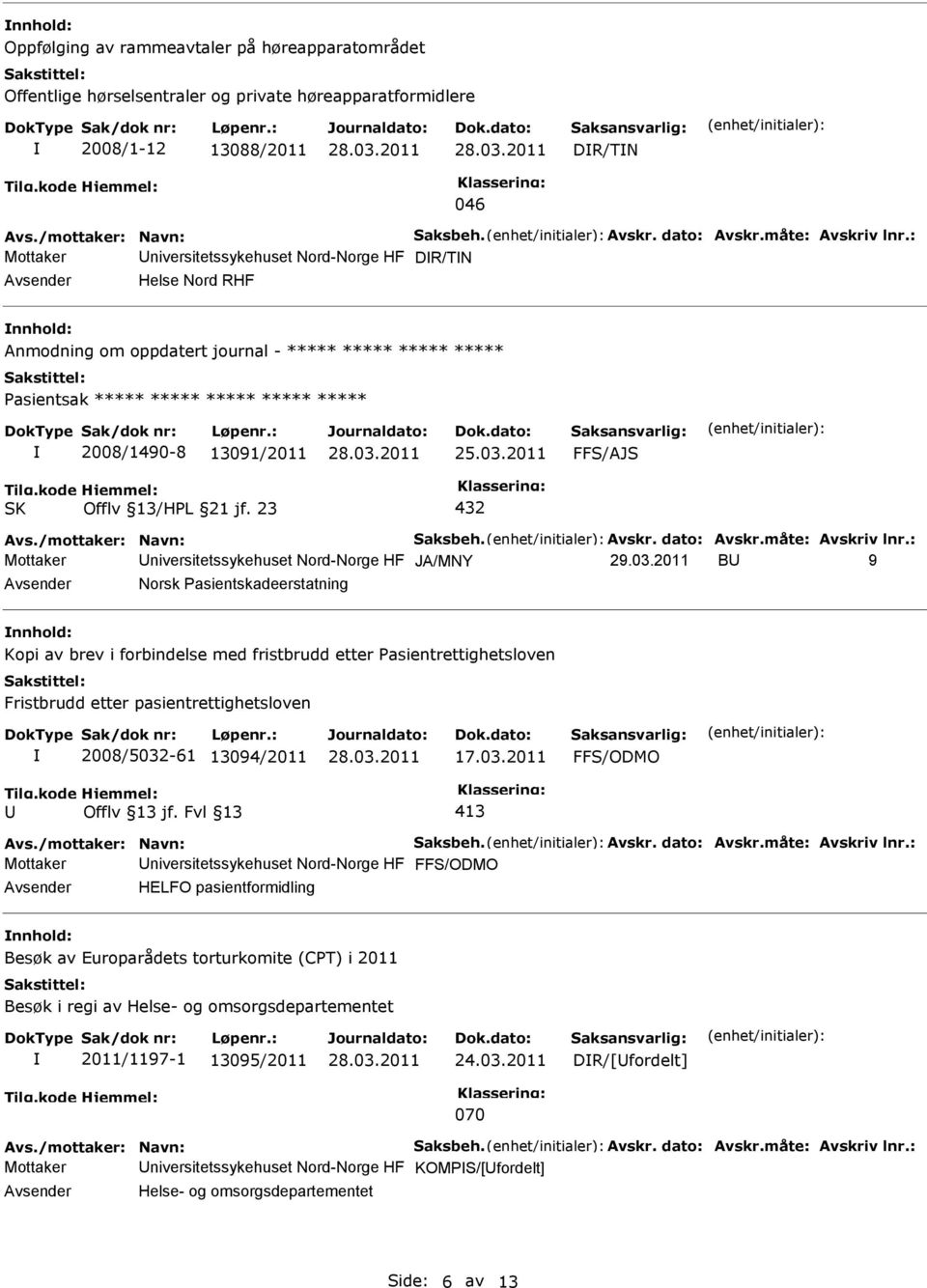 : Mottaker niversitetssykehuset Nord-Norge HF DR/TN Helse Nord RHF nnhold: Anmodning om oppdatert journal - ***** ***** ***** ***** asientsak ***** ***** ***** ***** ***** 2008/1490-8 13091/2011