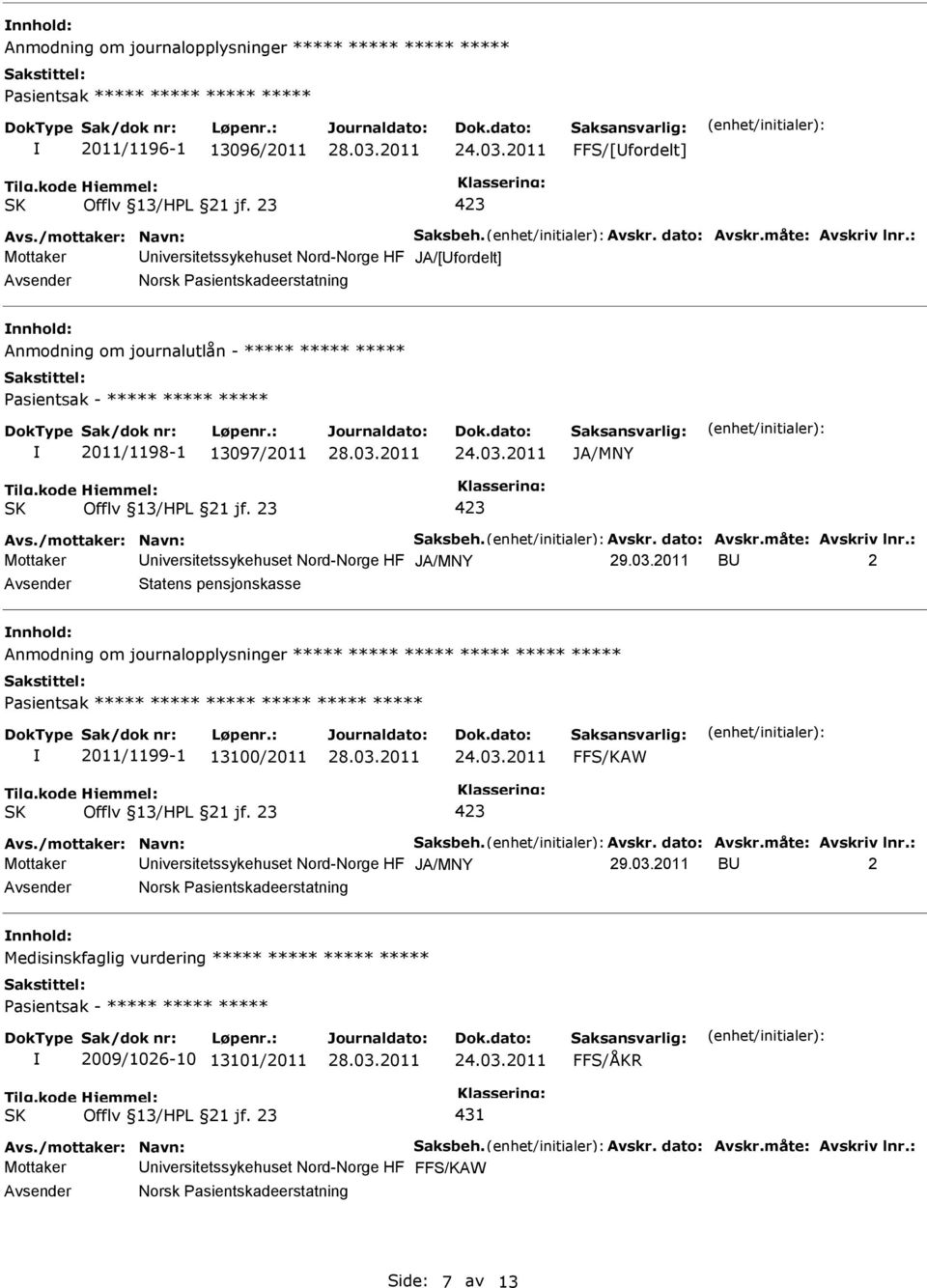 : Mottaker niversitetssykehuset Nord-Norge HF JA/[fordelt] Norsk asientskadeerstatning nnhold: Anmodning om journalutlån - ***** ***** ***** asientsak - ***** ***** ***** 2011/1198-1 13097/2011 Avs.