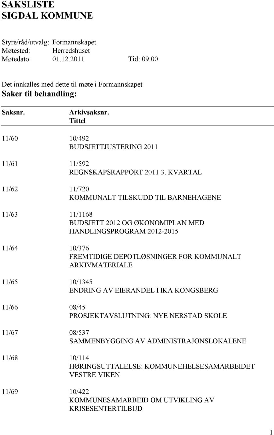 KVARTAL 11/62 11/720 KOMMUNALT TILSKUDD TIL BARNEHAGENE 11/63 11/1168 BUDSJETT 2012 OG ØKONOMIPLAN MED HANDLINGSPROGRAM 2012-2015 11/64 10/376 FREMTIDIGE DEPOTLØSNINGER FOR KOMMUNALT