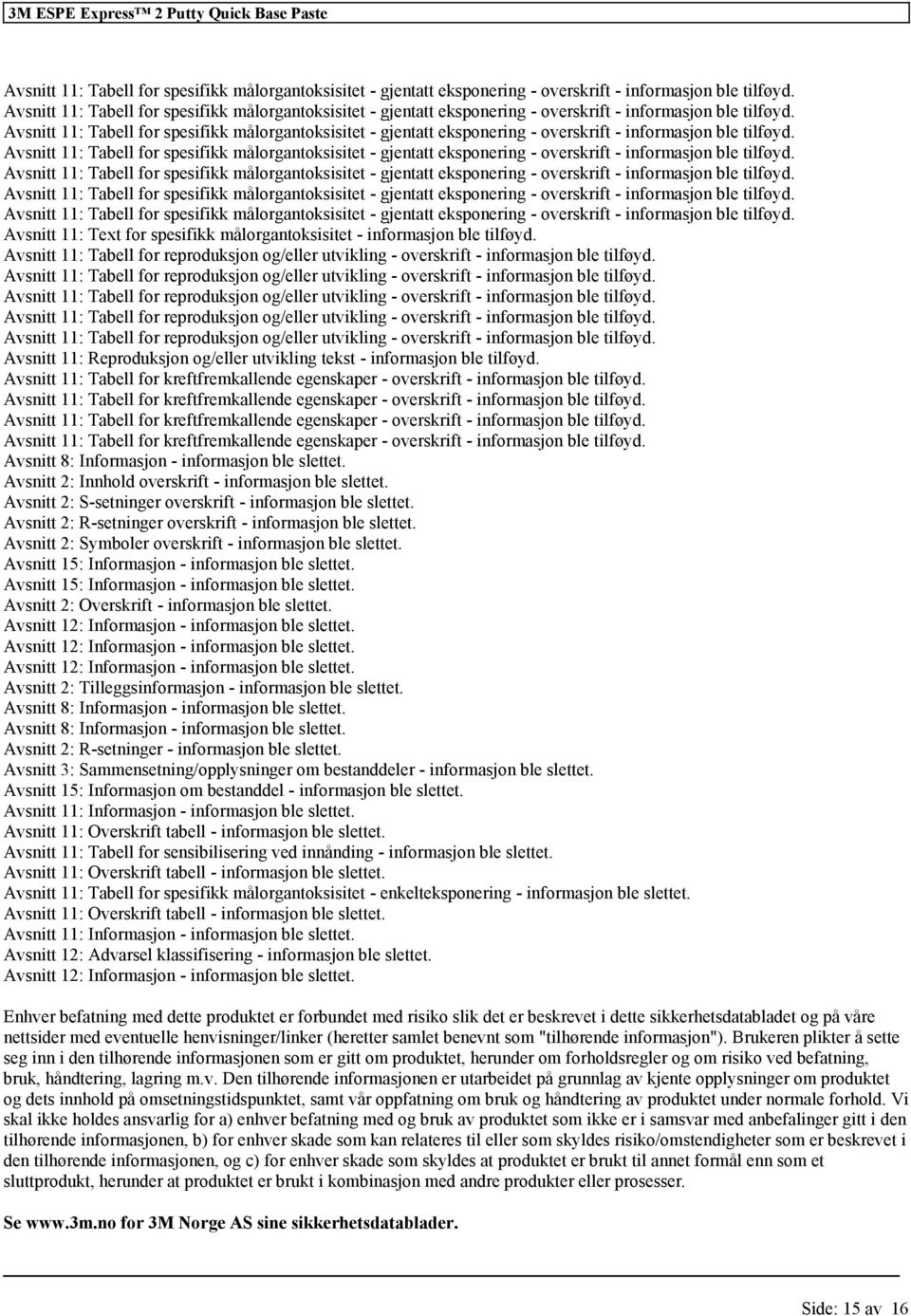 Avsnitt 11: Text spesifikk målorgantoksisitet - inmasjon ble tilføyd. Avsnitt 11: Tabell reproduksjon og/ utvikling - overskrift - inmasjon ble tilføyd.