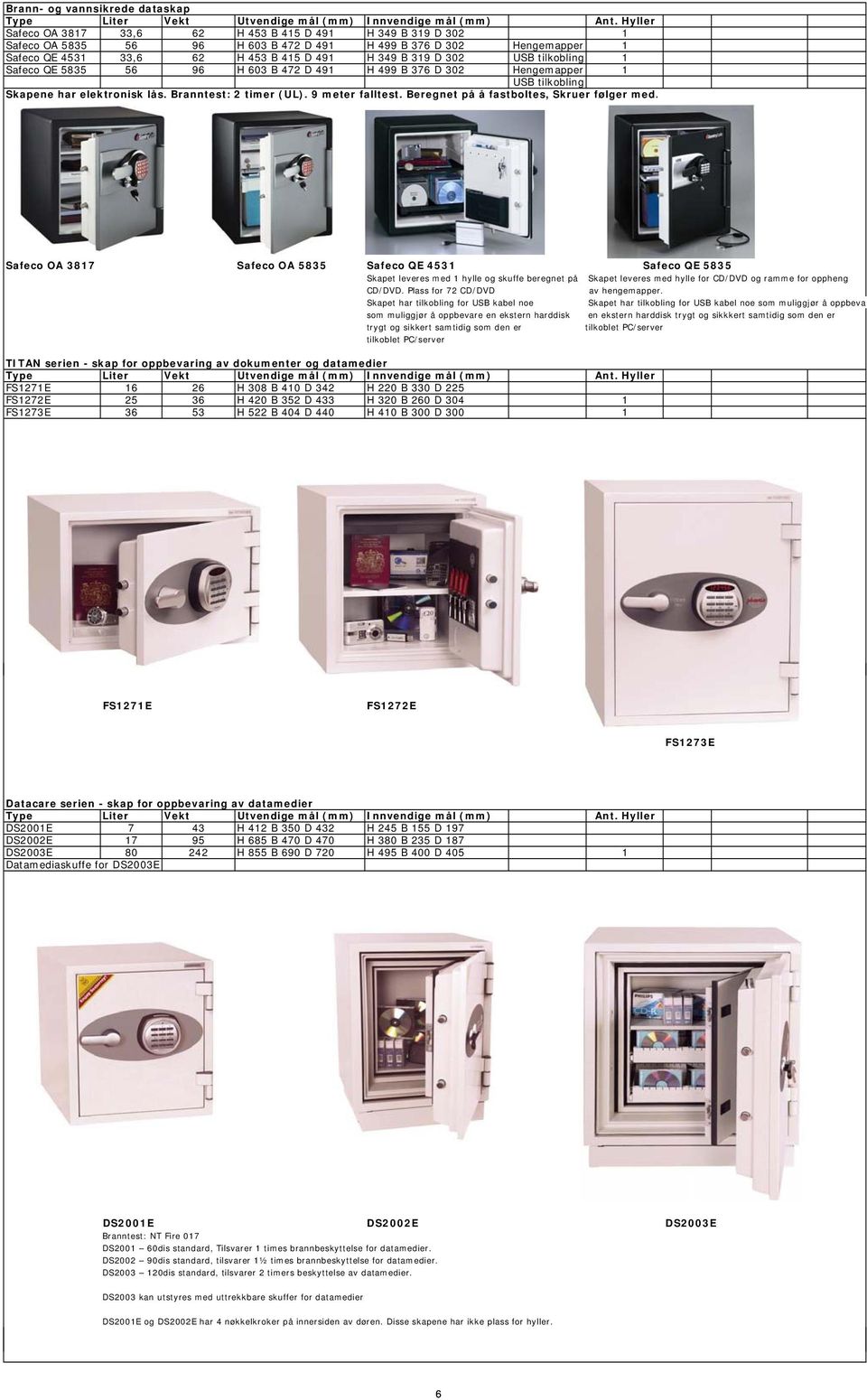 USB tilkobling 1 Safeco QE 5835 56 96 H 603 B 472 D 491 H 499 B 376 D 302 Hengemapper 1 USB tilkobling Skapene har elektronisk lås. Branntest: 2 timer (UL). 9 meter falltest.