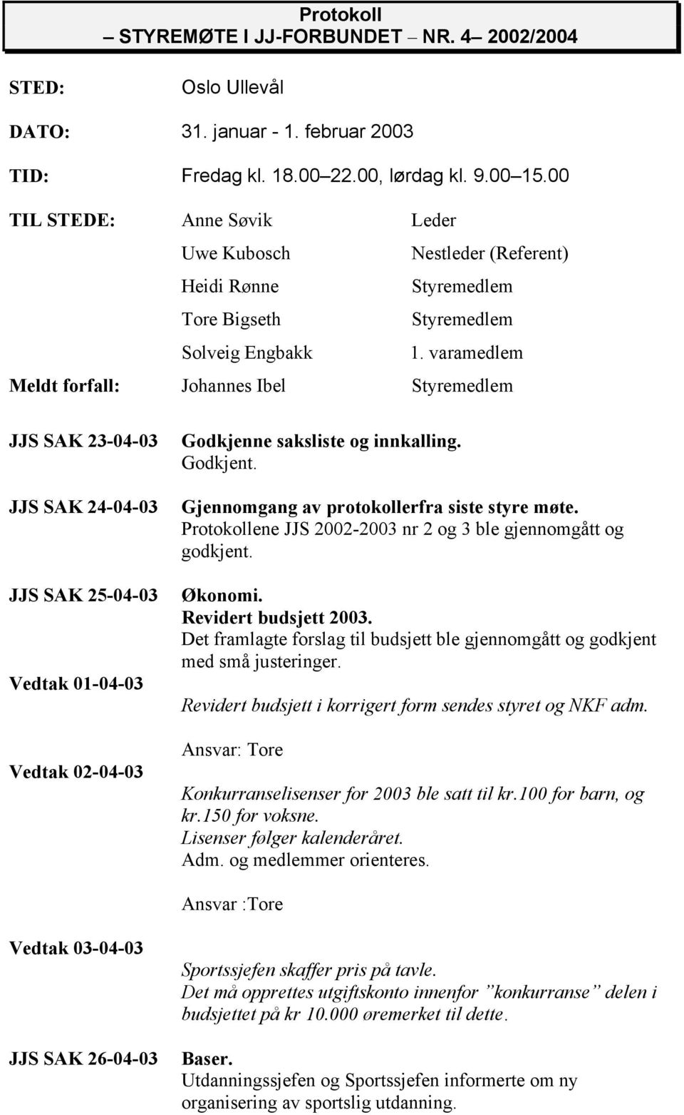 varamedlem Meldt forfall: Johannes Ibel Styremedlem JJS SAK 23-04-03 JJS SAK 24-04-03 JJS SAK 25-04-03 Vedtak 01-04-03 Vedtak 02-04-03 Godkjenne saksliste og innkalling. Godkjent.