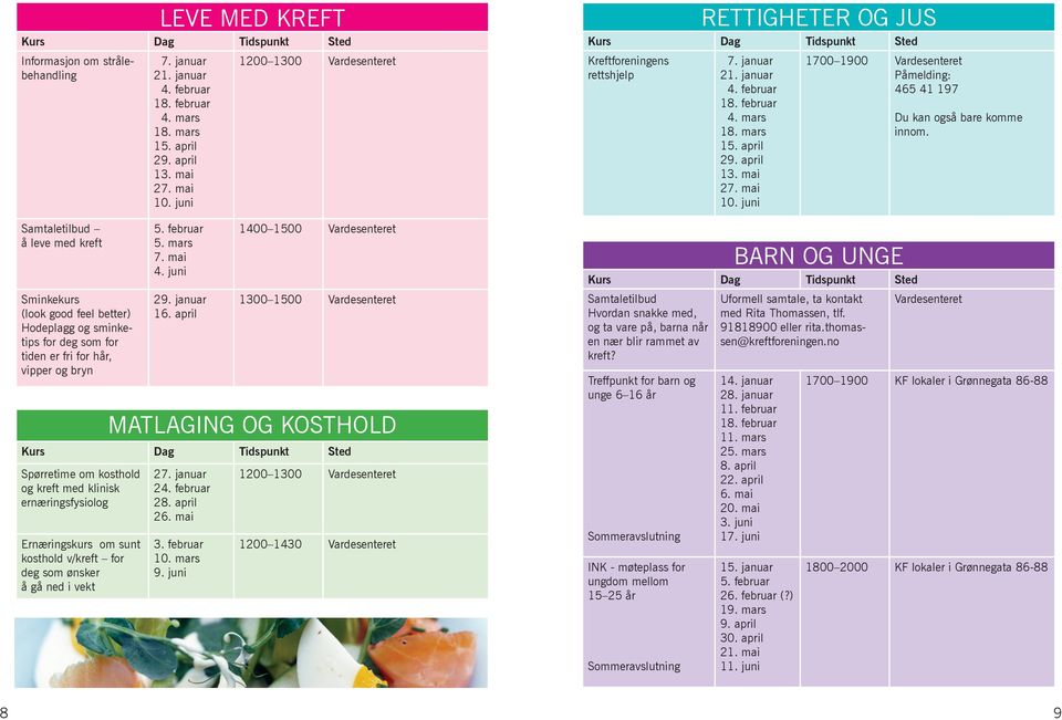 april 1200 1300 1400 1500 1300 1500 MATLAGING OG KOSTHOLD Spørretime om kosthold og kreft med klinisk ernæringsfysiolog Ernæringskurs om sunt kosthold v/kreft for deg som ønsker å gå ned i vekt 27.
