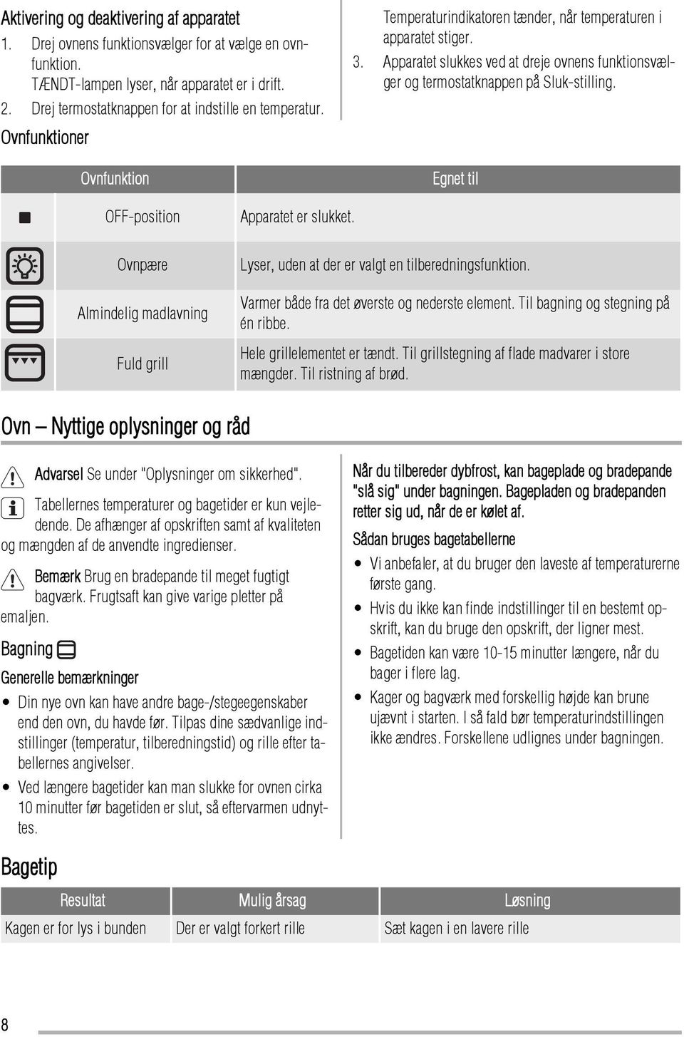 Apparatet slukkes ved at dreje ovnens funktionsvælger og termostatknappen på Sluk-stilling. Egnet til OFF-position Ovnpære Almindelig madlavning Fuld grill Apparatet er slukket.