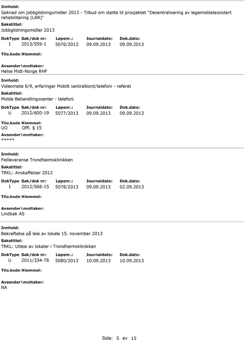 Behandlingssenter - telefoni O 2012/600-19 5077/2013 Offl.