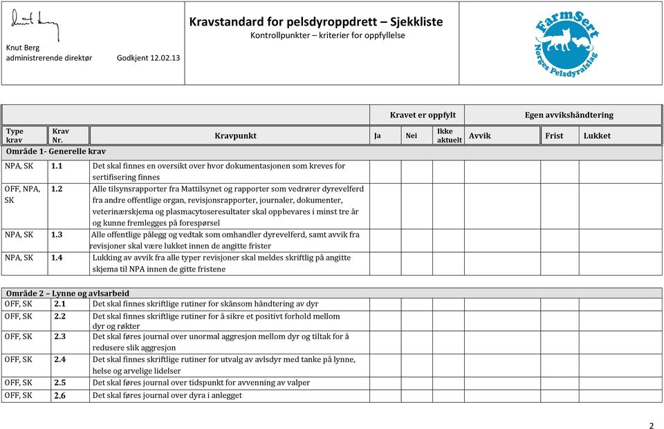 1 Det skal finnes en oversikt over hvor dokumentasjonen som kreves for sertifisering finnes OFF, NPA, SK 1.