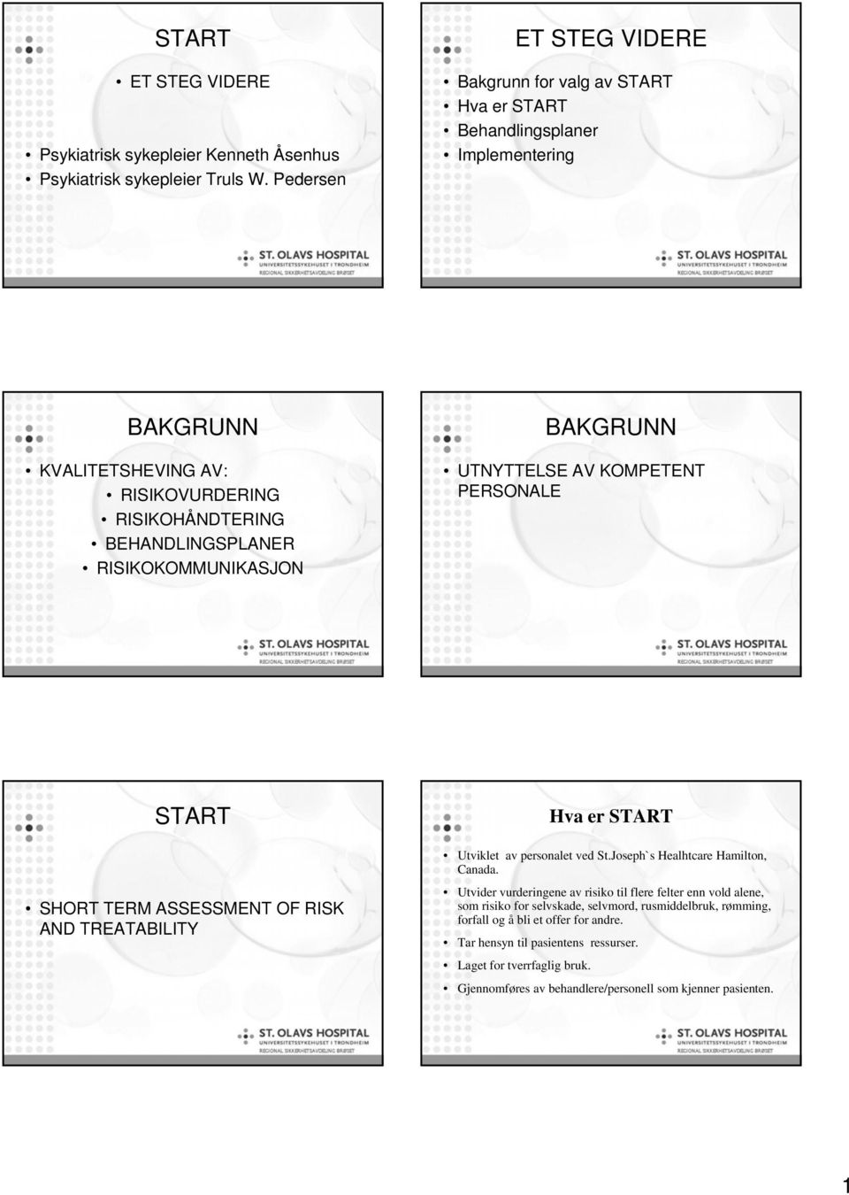 RISIKOKOMMUNIKASJON BAKGRUNN UTNYTTELSE AV KOMPETENT PERSONALE SHORT TERM ASSESSMENT OF RISK AND TREATABILITY Hva er Utviklet av personalet ved St.