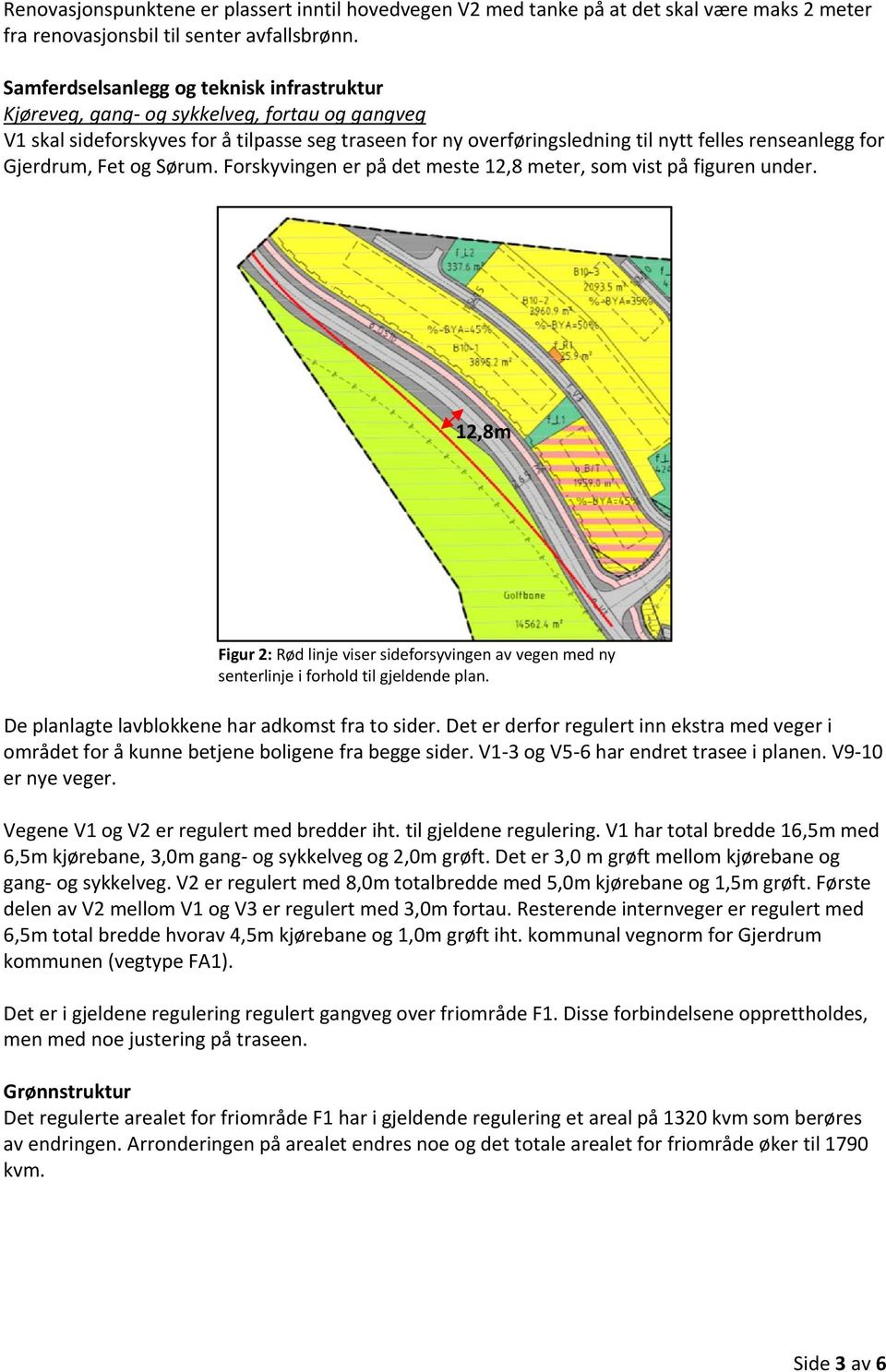 Gjerdrum, Fet og Sørum. Forskyvingen er på det meste 12,8 meter, som vist på figuren under. 12,8m Figur 2: Rød linje viser sideforsyvingen av vegen med ny senterlinje i forhold til gjeldende plan.