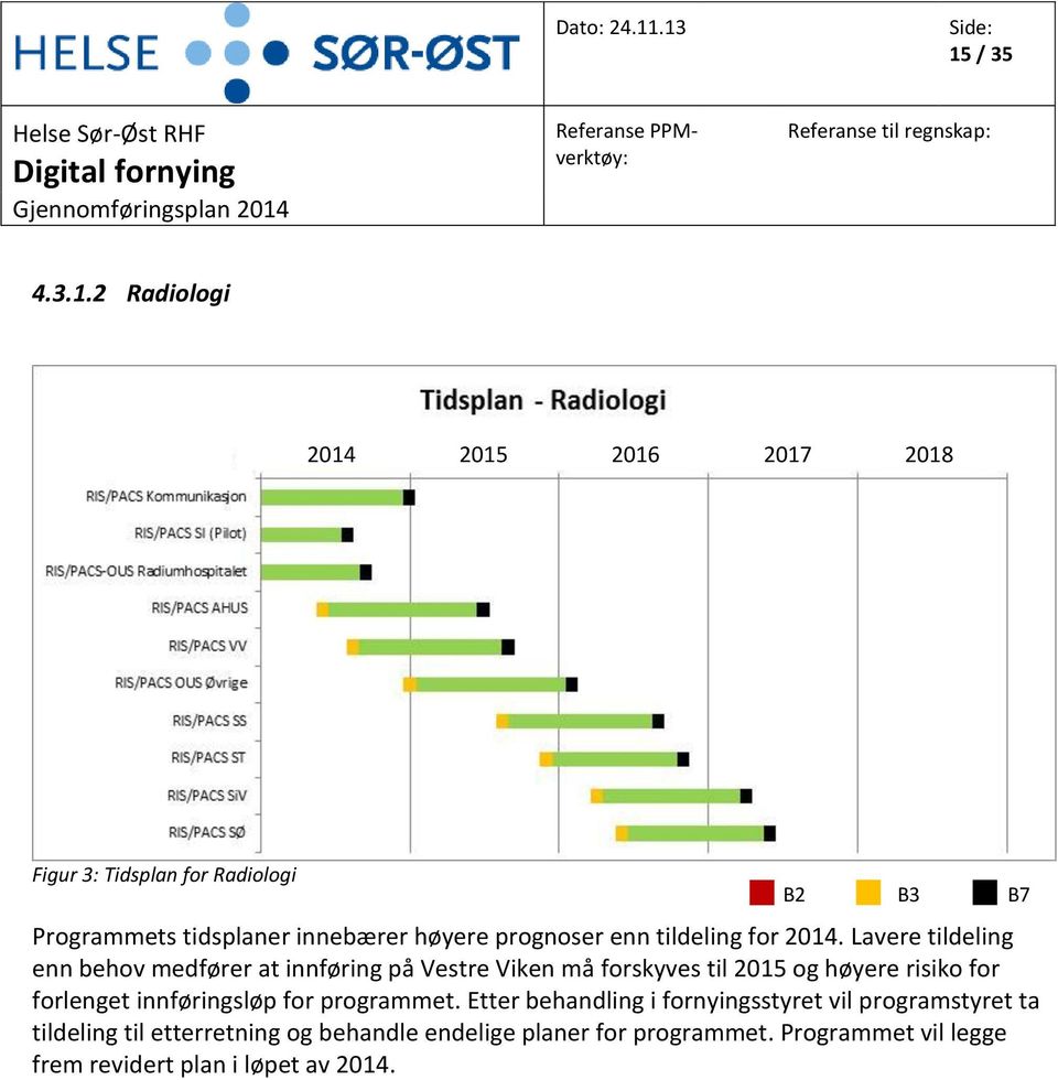 Lavere tildeling enn behov medfører at innføring på Vestre Viken må forskyves til 2015 og høyere risiko for forlenget