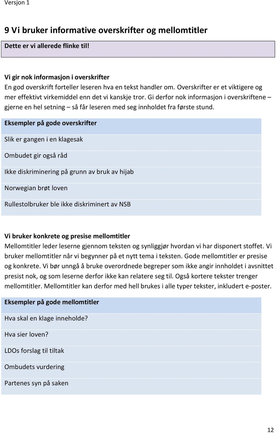 Eksempler på gode overskrifter Slik er gangen i en klagesak Ombudet gir også råd Ikke diskriminering på grunn av bruk av hijab Norwegian brøt loven Rullestolbruker ble ikke diskriminert av NSB Vi