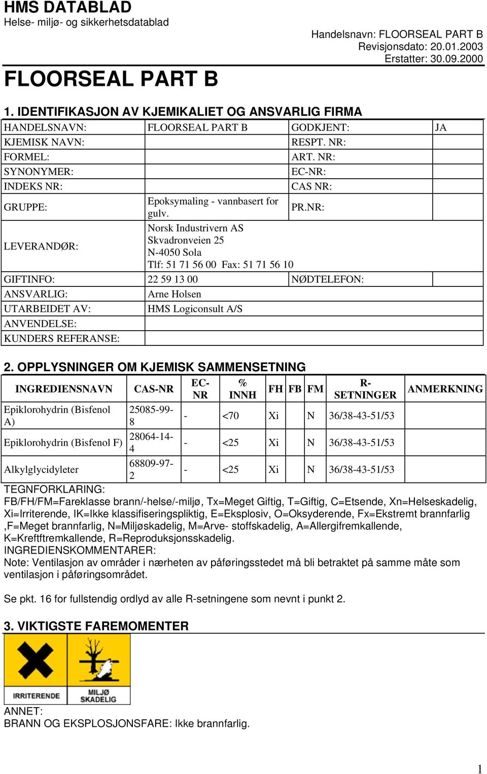 NR: SYNONYMER: EC-NR: INDEKS NR: CAS NR: GRUPPE: Epoksymaling - vannbasert for gulv. PR.