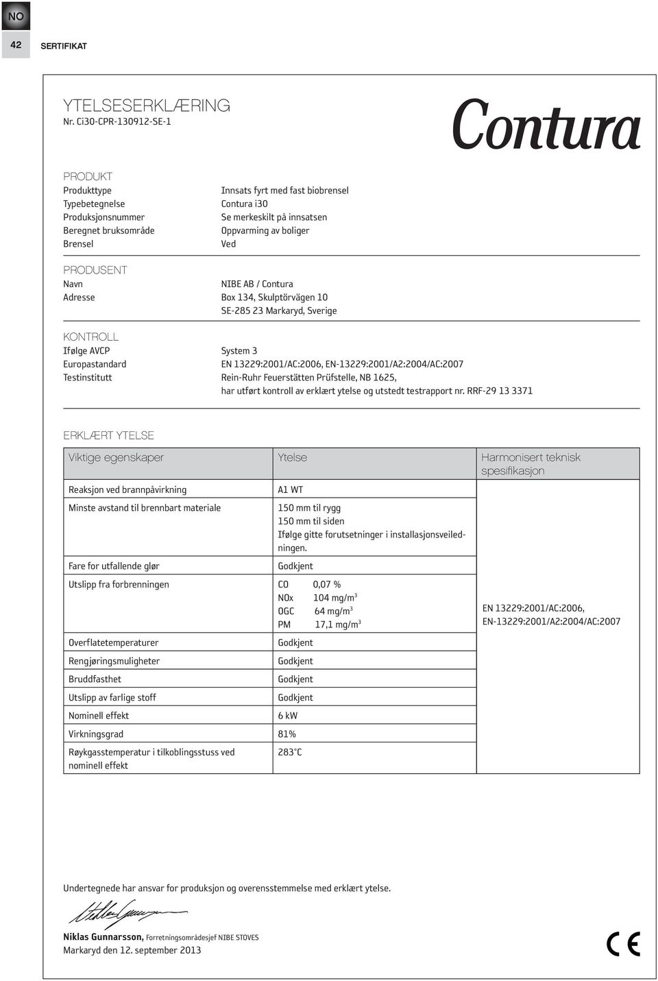 Ved PRODUSENT Navn NIBE AB / Contura Adresse Box 134, Skulptörvägen 10 SE-285 23 Markaryd, Sverige KONTROLL Ifølge AVCP System 3 Europastandard EN 13229:2001/AC:2006, EN-13229:2001/A2:2004/AC:2007