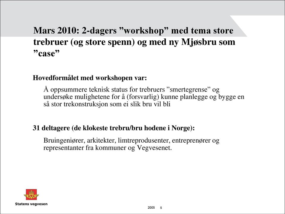 kunne planlegge og bygge en så stor trekonstruksjon som ei slik bru vil bli 31 deltagere (de klokeste trebru/bru