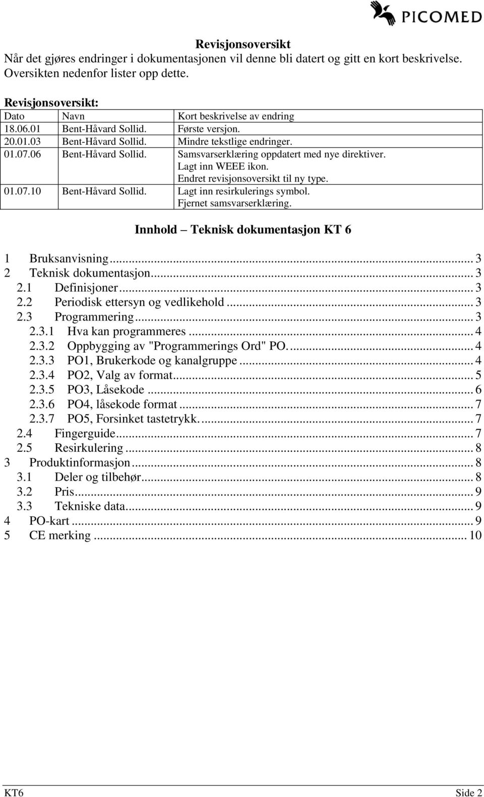 Samsvarserklæring oppdatert med nye direktiver. Lagt inn WEEE ikon. Endret revisjonsoversikt til ny type. 01.07.10 Bent-Håvard Sollid. Lagt inn resirkulerings symbol. Fjernet samsvarserklæring.