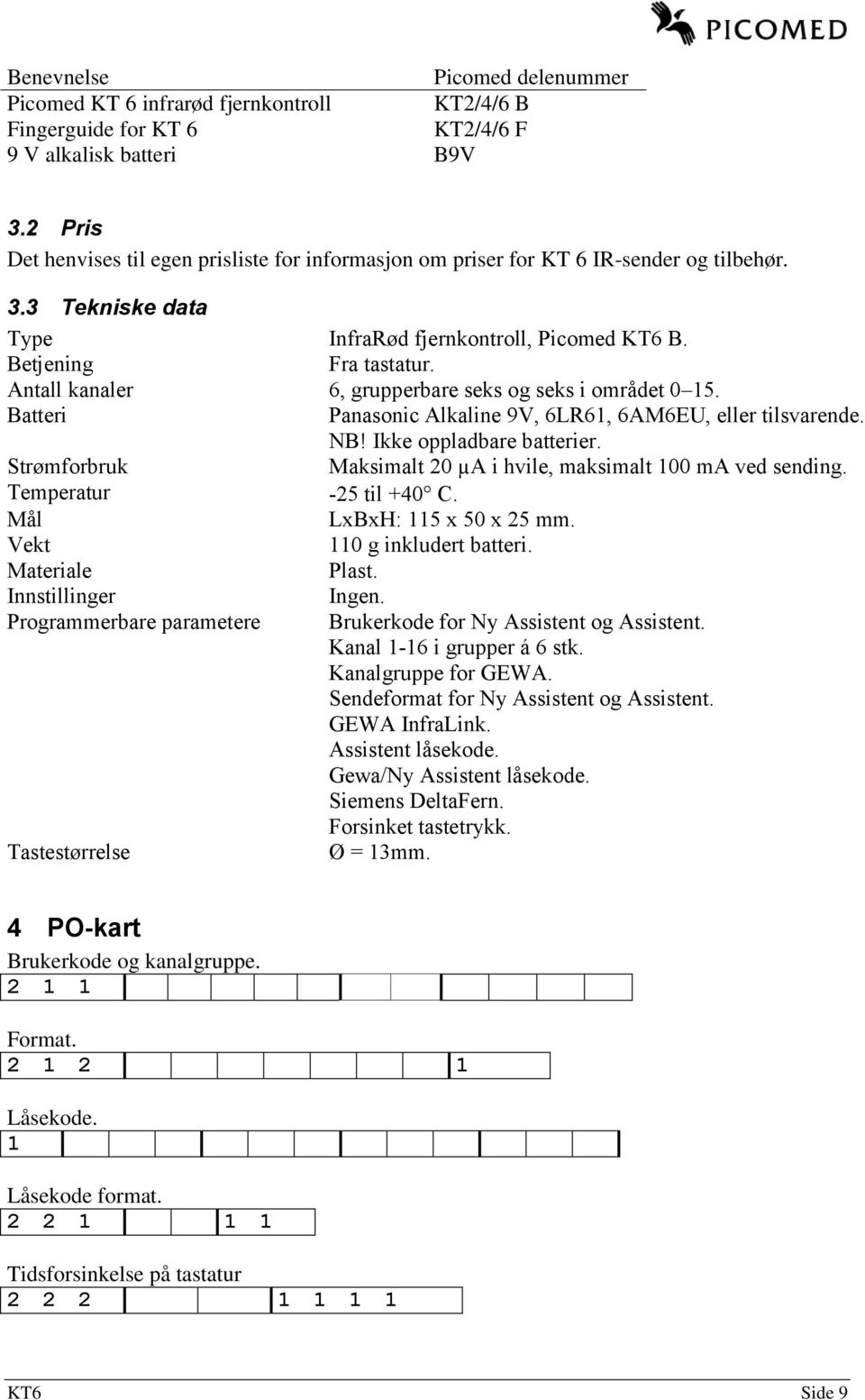 Antall kanaler 6, grupperbare seks og seks i området 0 15. Batteri Panasonic Alkaline 9V, 6LR61, 6AM6EU, eller tilsvarende. NB! Ikke oppladbare batterier.