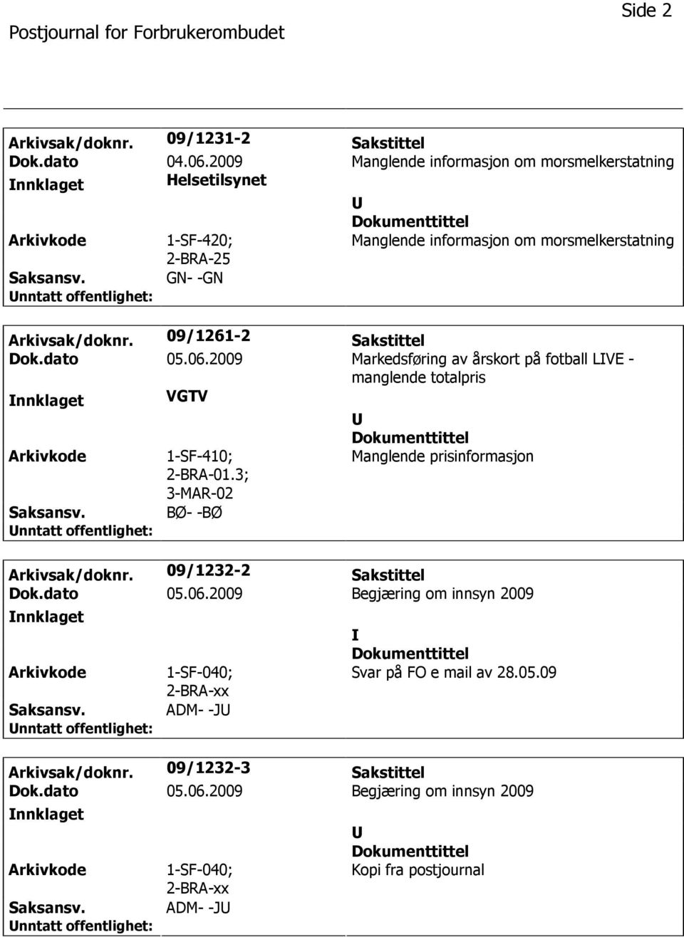 09/1261-2 Sakstittel Dok.dato 05.06.2009 Markedsføring av årskort på fotball LVE - manglende totalpris nnklaget VGTV 1-SF-410; 2-BRA-01.