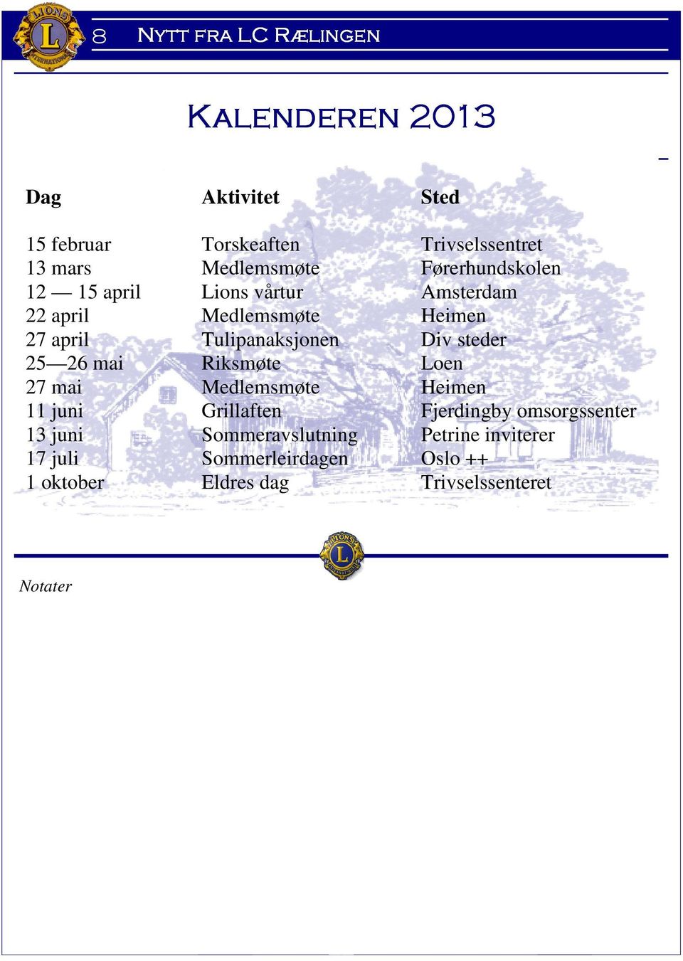 Tulipanaksjonen Div steder 25 26 mai Riksmøte Loen 27 mai Medlemsmøte Heimen 11 juni Grillaften Fjerdingby