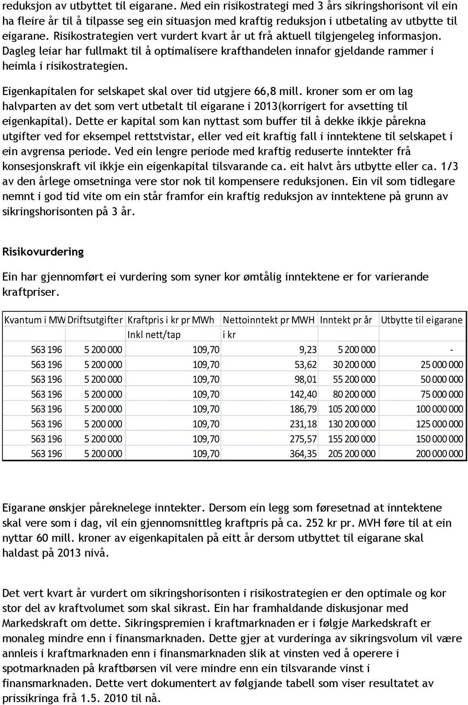 Eigenkapitalen for selskapet skal over tid utgjere 66,8 mill. kroner som er om lag halvparten av det som vert utbetalt til eigarane i 2013(korrigert for avsetting til eigenkapital).