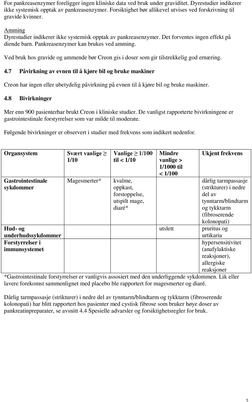 Pankreasenzymer kan brukes ved amming. Ved bruk hos gravide og ammende bør Creon gis i doser som gir tilstrekkelig god ernæring. 4.
