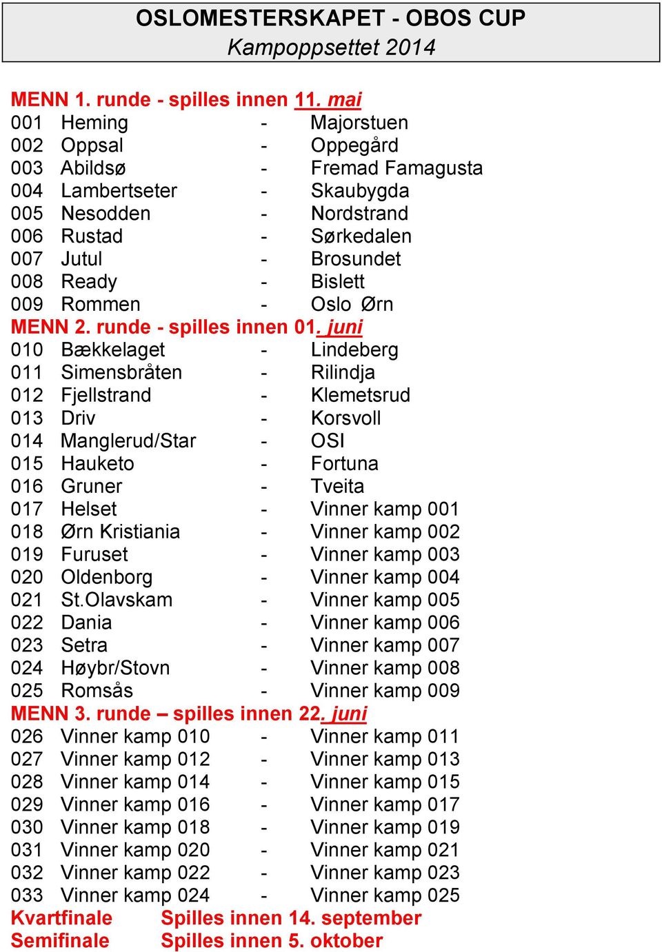 Bislett 009 Rommen - Oslo Ørn MENN 2. runde - spilles innen 01.