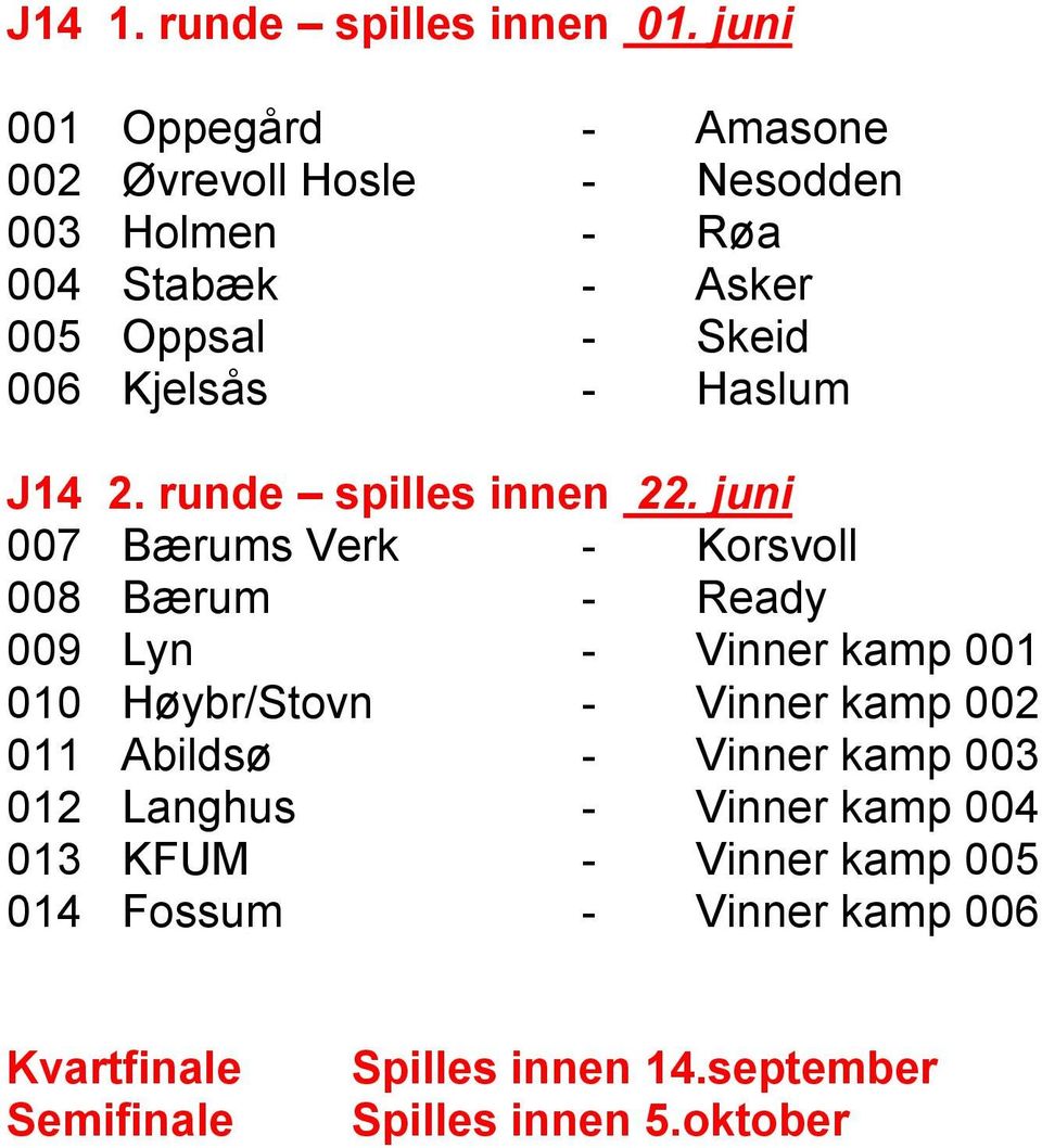 Kjelsås - Haslum J14 2. runde spilles innen 22.
