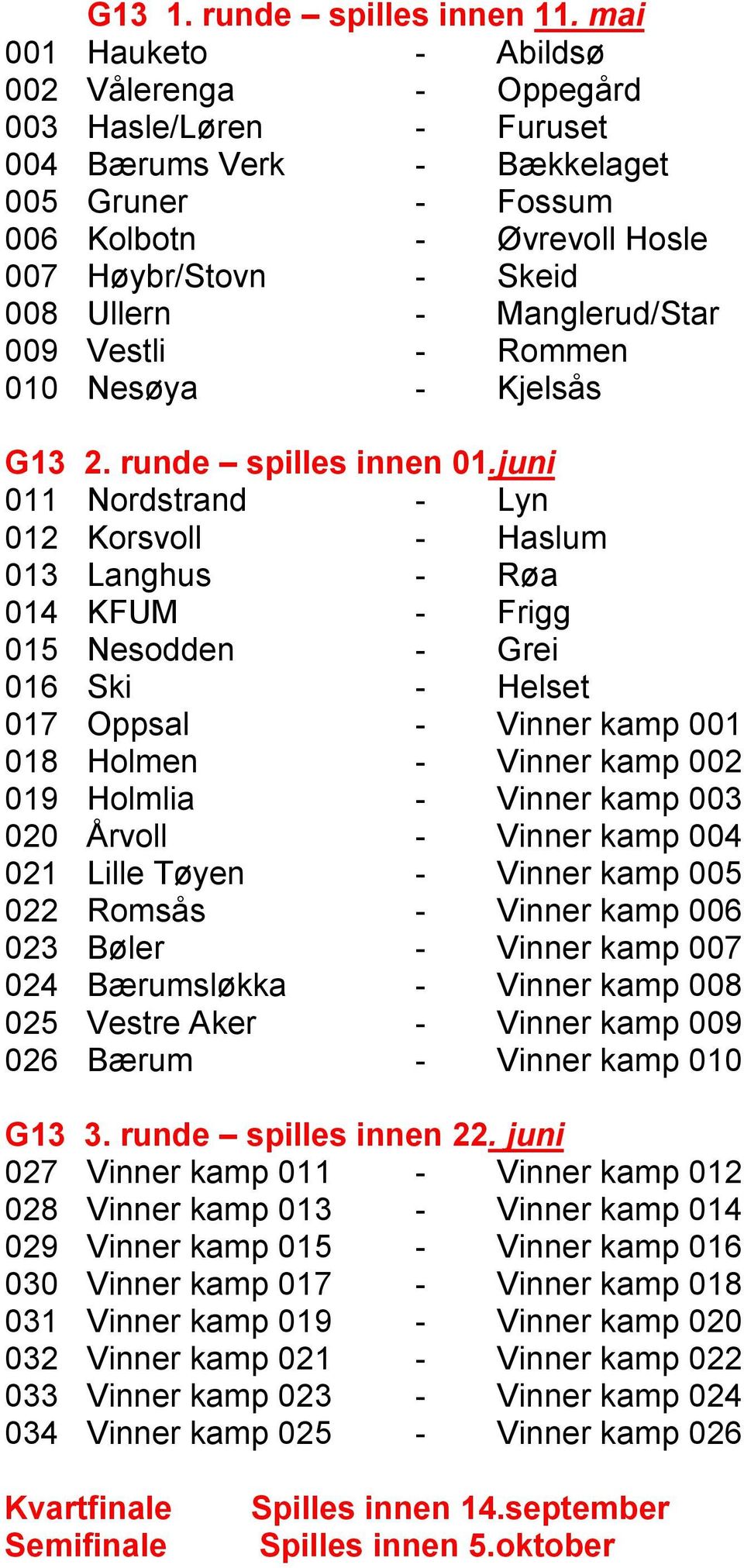 Manglerud/Star 009 Vestli - Rommen 010 Nesøya - Kjelsås G13 2. runde spilles innen 01.