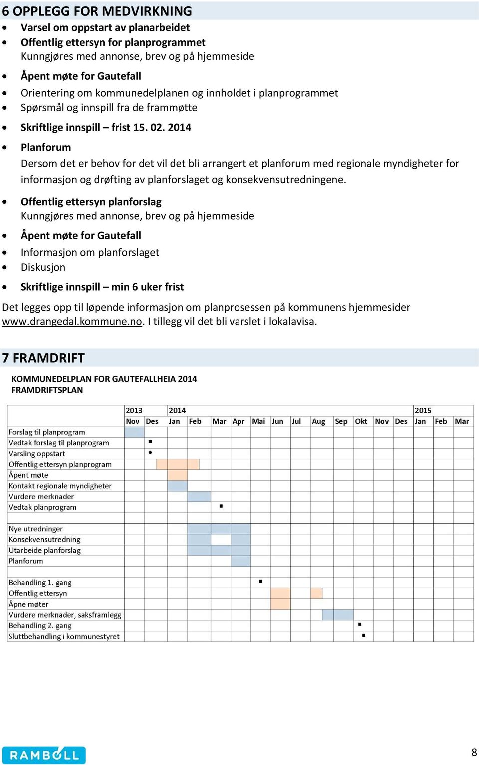 2014 Planforum Dersom det er behov for det vil det bli arrangert et planforum med regionale myndigheter for informasjon og drøfting av planforslaget og konsekvensutredningene.