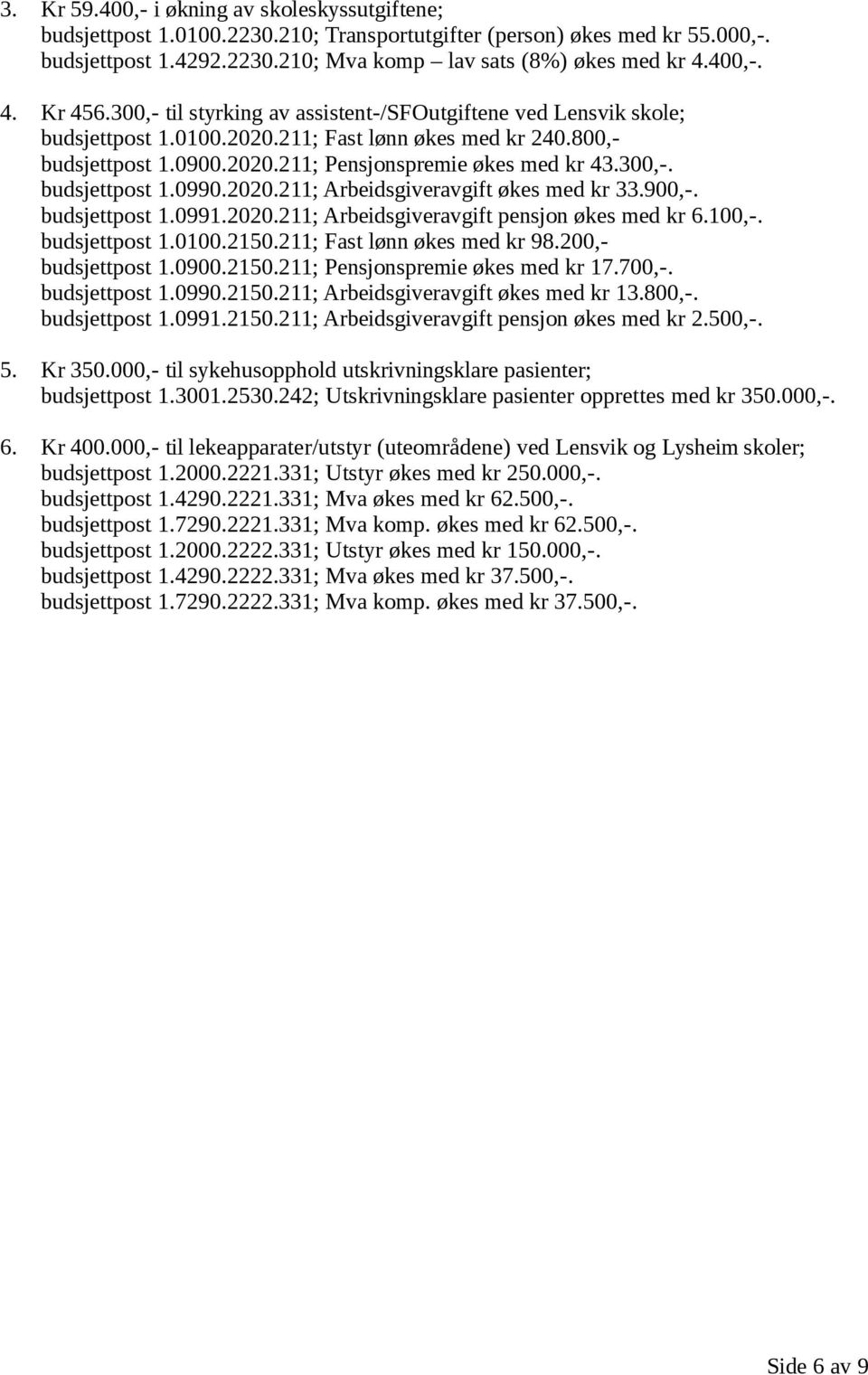 300,-. budsjettpost 1.0990.2020.211; Arbeidsgiveravgift økes med kr 33.900,-. budsjettpost 1.0991.2020.211; Arbeidsgiveravgift pensjon økes med kr 6.100,-. budsjettpost 1.0100.2150.