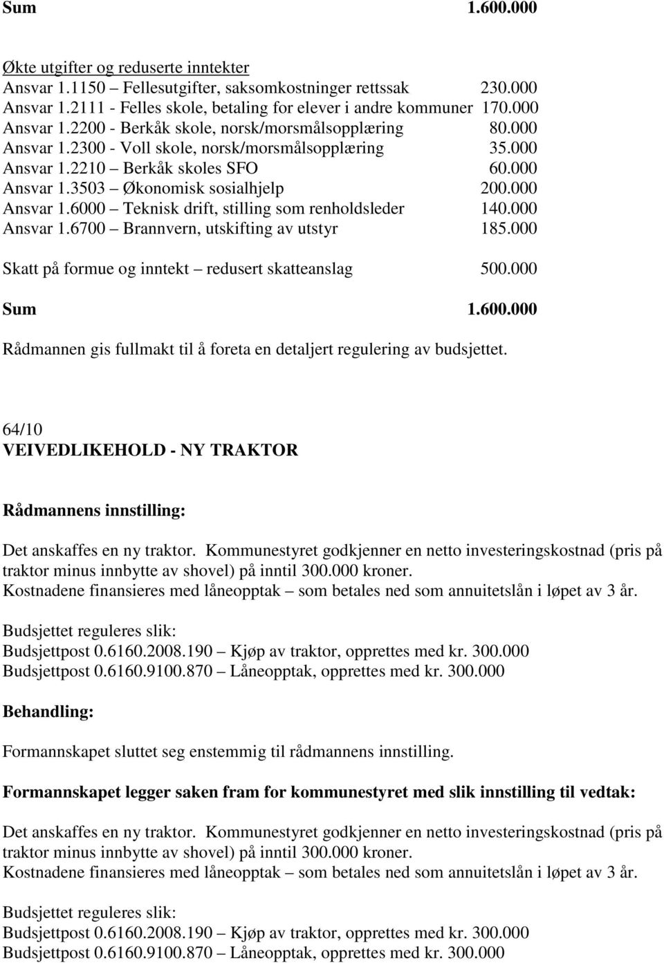 000 Ansvar 1.6700 Brannvern, utskifting av utstyr 185.000 Skatt på formue og inntekt redusert skatteanslag 500.000 Sum 1.600.