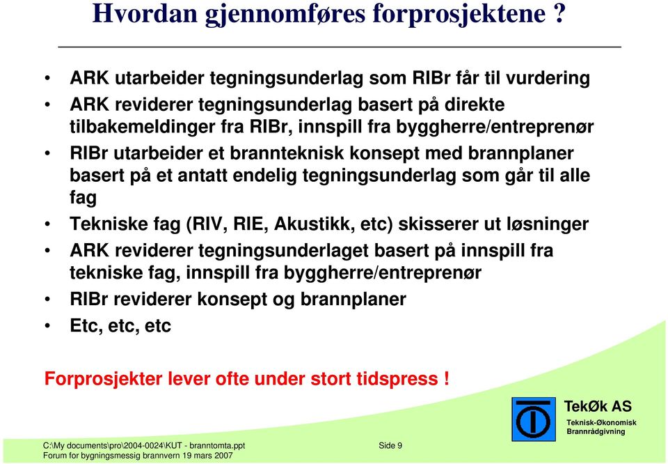 byggherre/entreprenør RIBr utarbeider et brannteknisk konsept med brannplaner basert på et antatt endelig tegningsunderlag som går til alle fag Tekniske fag (RIV,