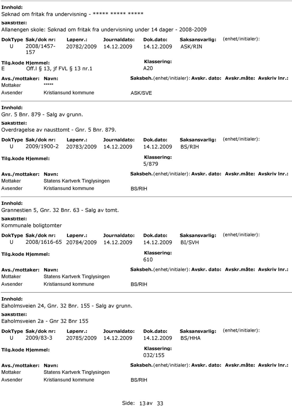 /mottaker: Navn: Saksbeh. Avskr. dato: Avskr.måte: Avskriv lnr.: Mottaker Statens Kartverk Tinglysingen BS/RH Grannestien 5, Gnr. 32 Bnr. 63 - Salg av tomt.