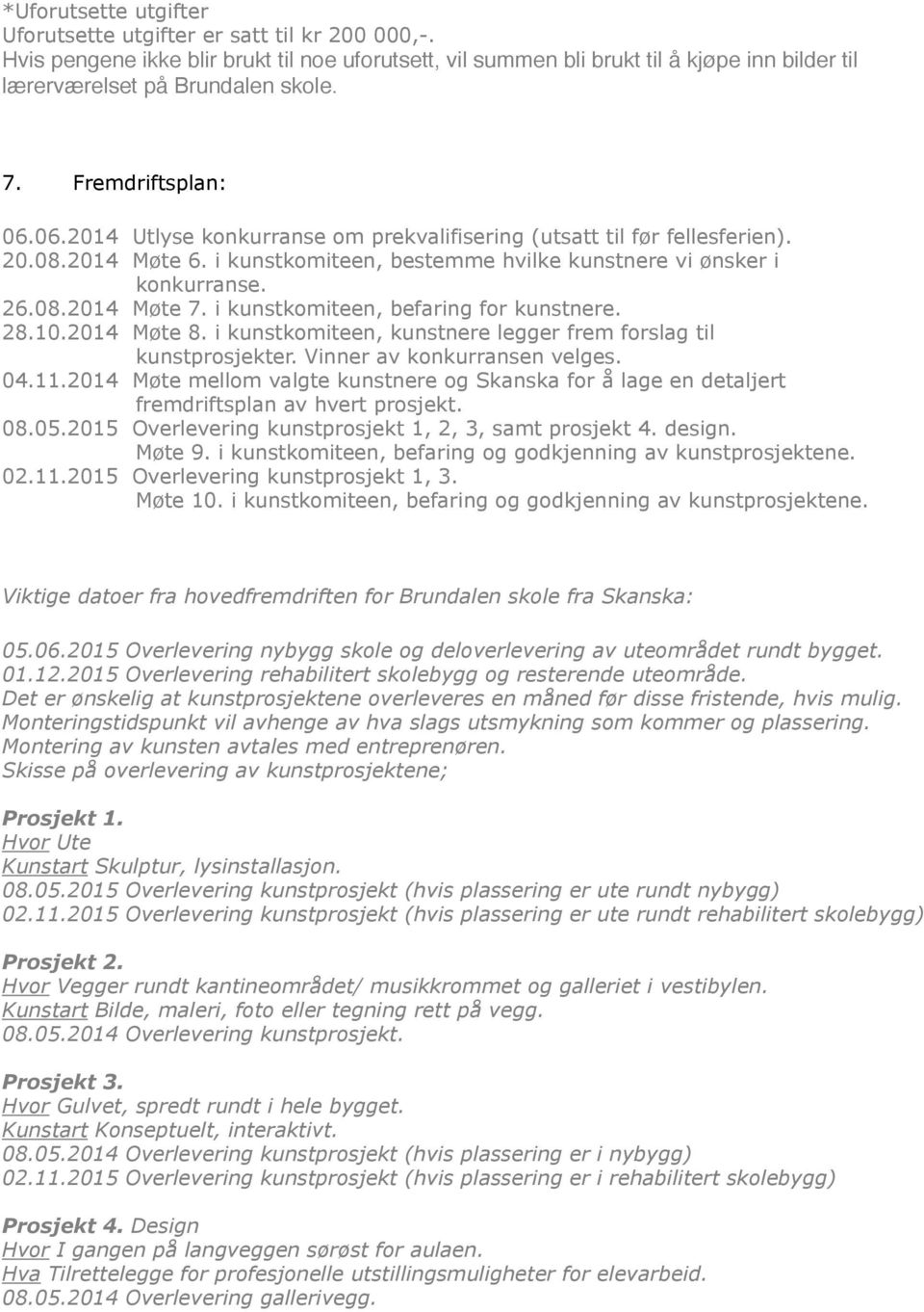 i kunstkomiteen, befaring for kunstnere. 28.10.2014 Møte 8. i kunstkomiteen, kunstnere legger frem forslag til kunstprosjekter. Vinner av konkurransen velges. 04.11.