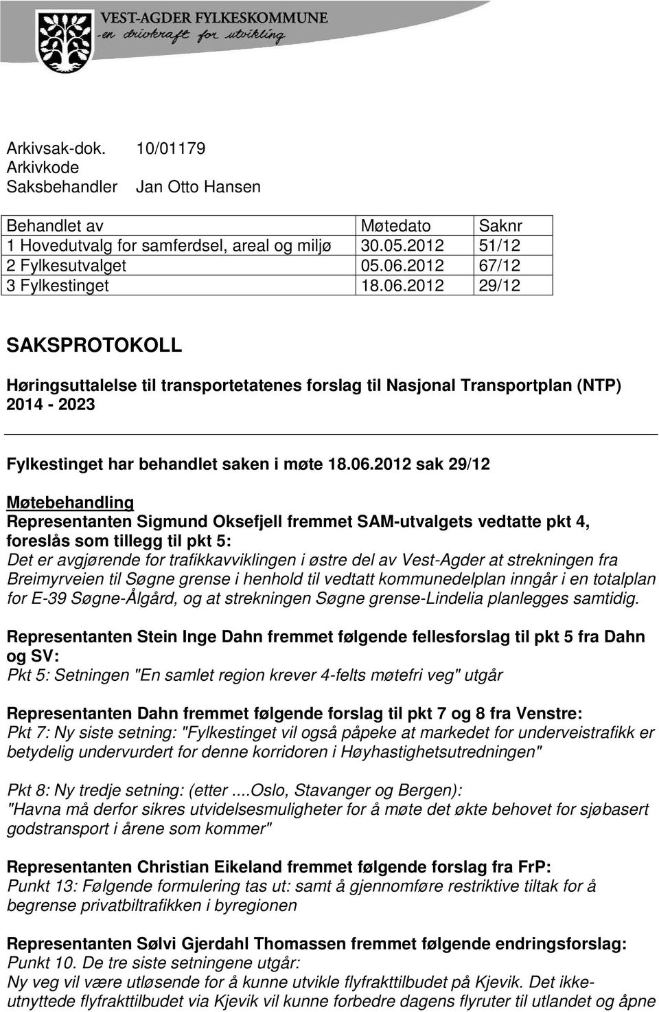 2012 29/12 SAKSPROTOKOLL Høringsuttalelse til transportetatenes forslag til Nasjonal Transportplan (NTP) 2014-2023 Fylkestinget har behandlet saken i møte 18.06.