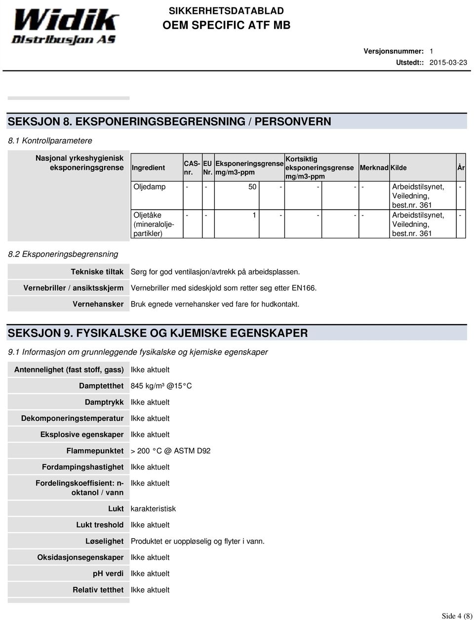 Kortsiktig Eksponeringsgrense eksponeringsgrense mg/m3-ppm mg/m3-ppm Merknad Kilde Oljedamp - - 50 - - - - Arbeidstilsynet, Veiledning, best.nr.