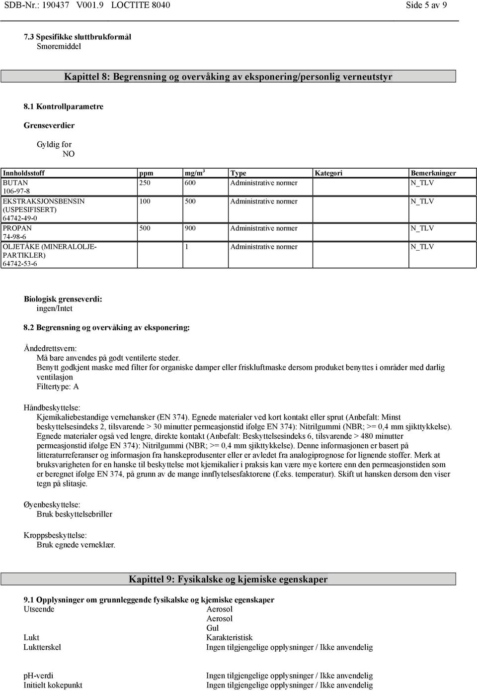 (USPESIFISERT) 64742-49-0 PROPAN 500 900 Administrative normer N_TLV OLJETÅKE (MINERALOLJE- PARTIKLER) 64742-53-6 1 Administrative normer N_TLV Biologisk grenseverdi: ingen/intet 8.