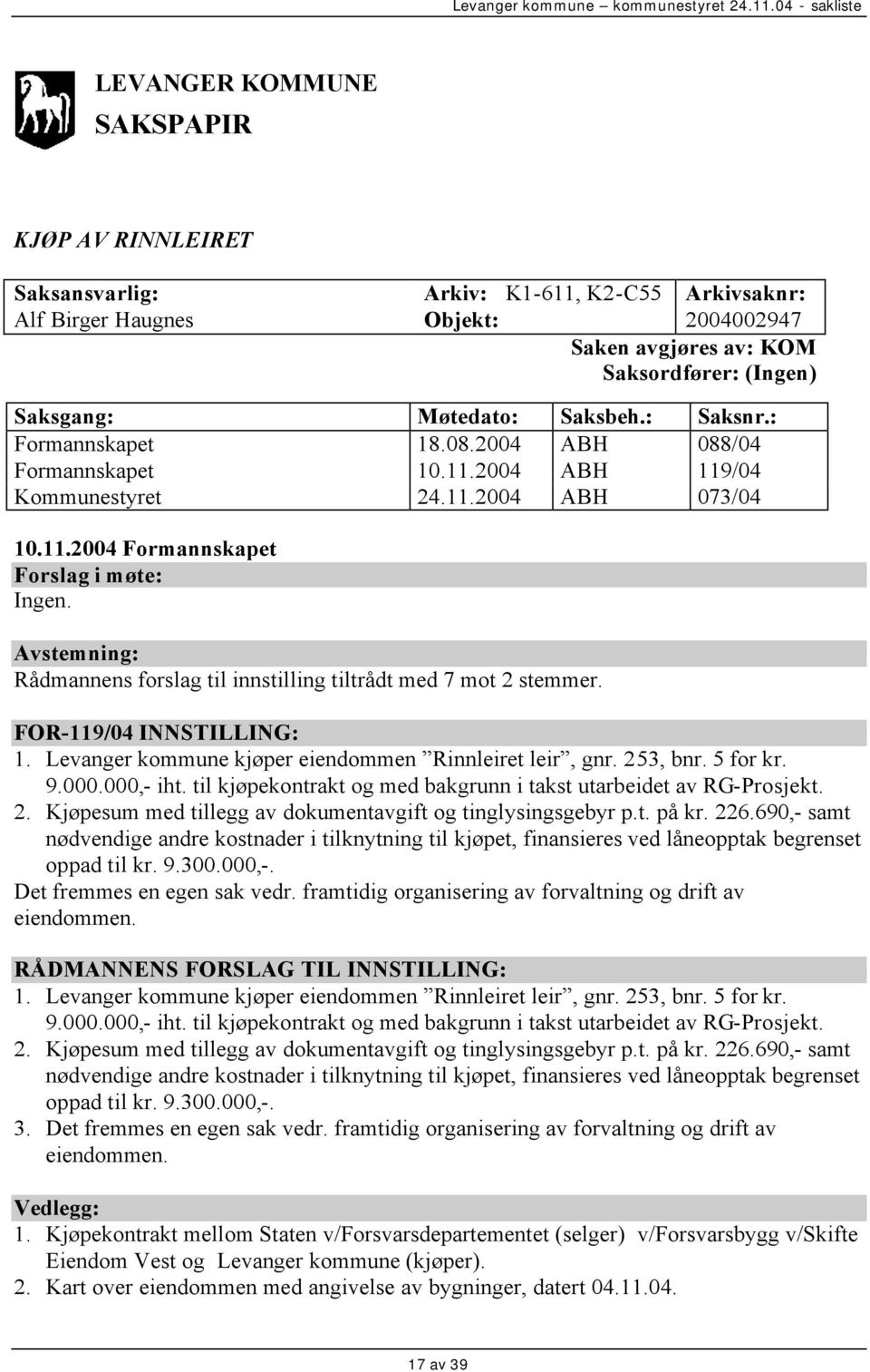 Avstemning: Rådmannens forslag til innstilling tiltrådt med 7 mot 2 stemmer. FOR-119/04 INNSTILLING: 1. Levanger kommune kjøper eiendommen Rinnleiret leir, gnr. 253, bnr. 5 for kr. 9.000.000,- iht.