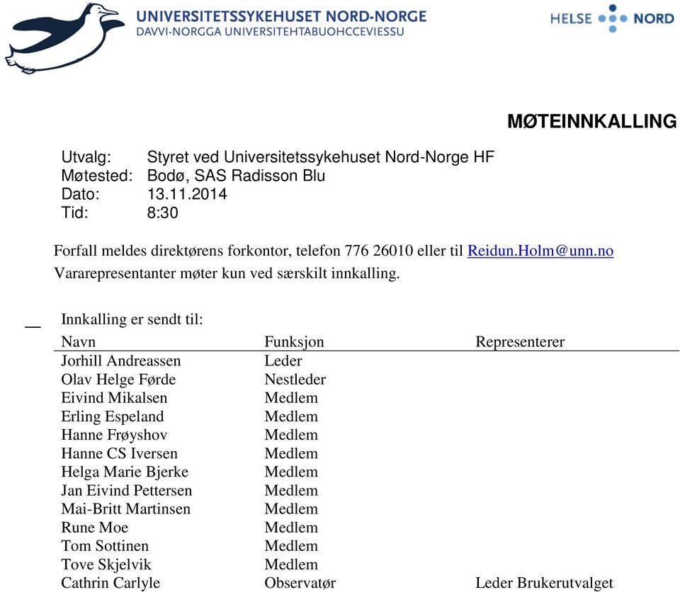 Innkalling er sendt til: Navn Funksjon Representerer Jorhill Andreassen Leder Olav Helge Førde Nestleder Eivind Mikalsen Medlem Erling Espeland Medlem Hanne