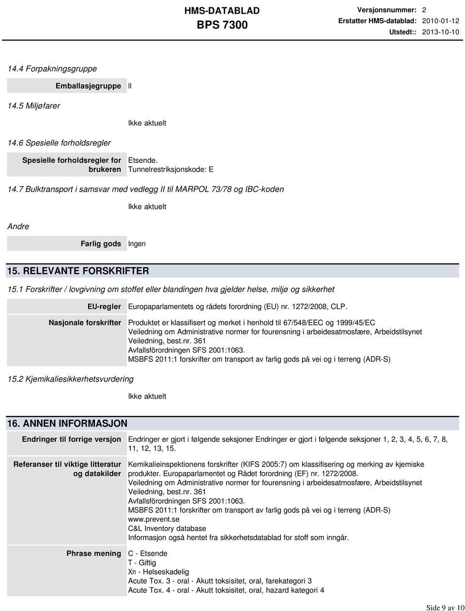 1 Forskrifter / lovgivning om stoffet eller blandingen hva gjelder helse, miljø og sikkerhet EU-regler Nasjonale forskrifter Europaparlamentets og rådets forordning (EU) nr. 1272/2008, CLP.