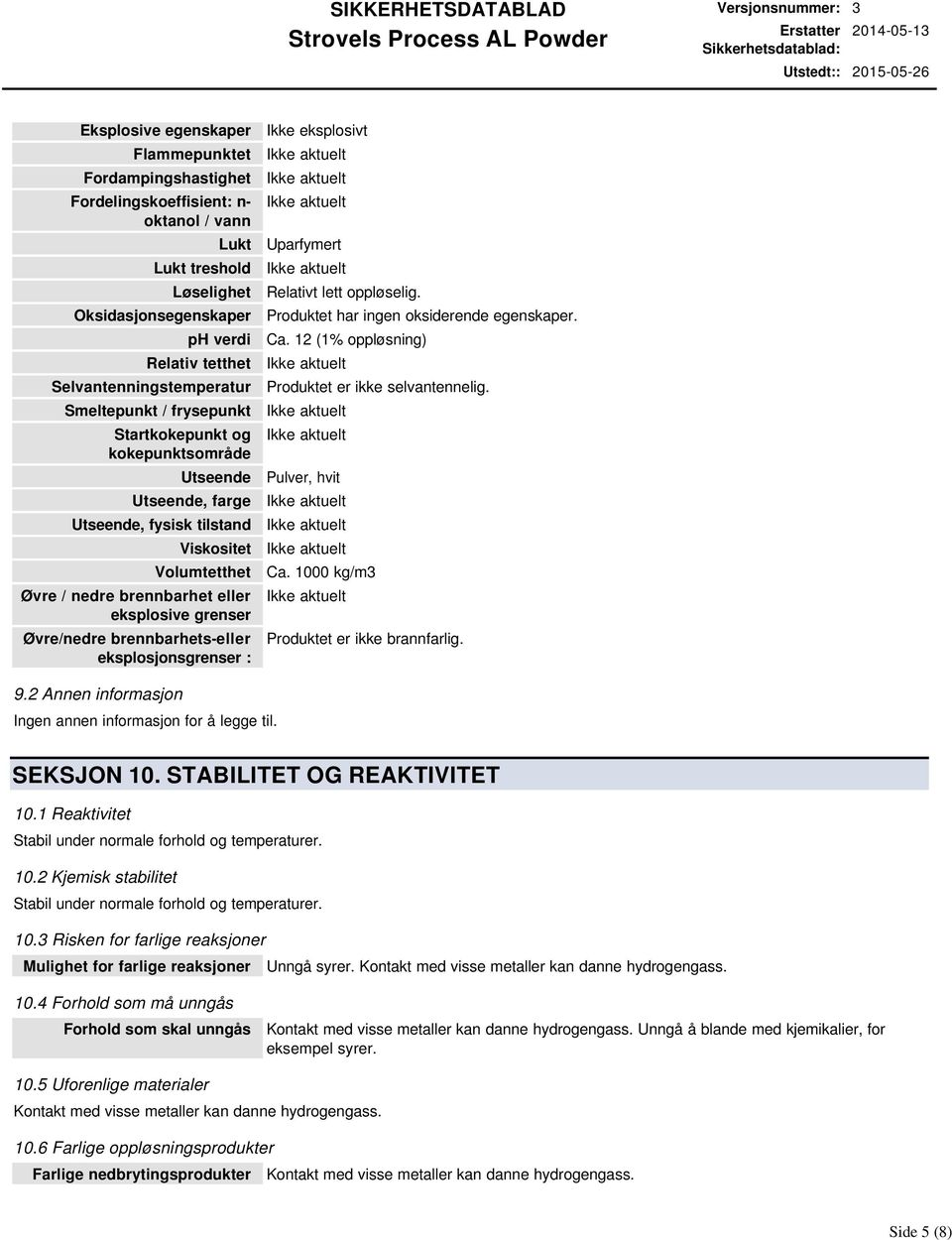 eksplosive grenser Øvre/nedre brennbarhetseller eksplosjonsgrenser : Ikke eksplosivt Uparfymert Relativt lett oppløselig. Produktet har ingen oksiderende egenskaper. Ca.