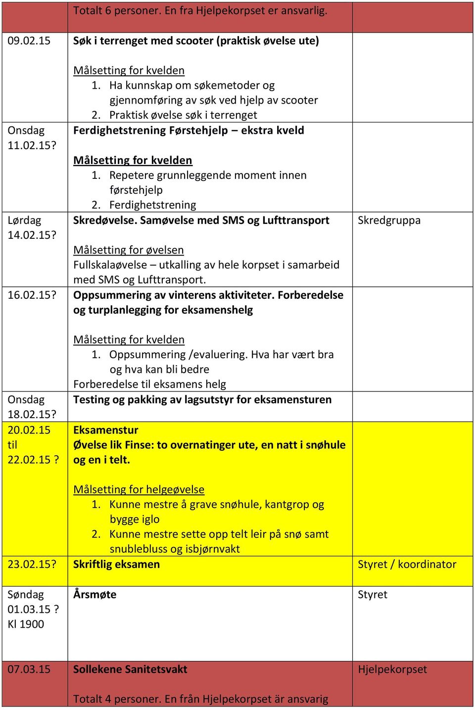 Samøvelse med SMS og Lufttransport Målsetting for øvelsen Fullskalaøvelse utkalling av hele korpset i samarbeid med SMS og Lufttransport. 16.02.15? Oppsummering av vinterens aktiviteter.