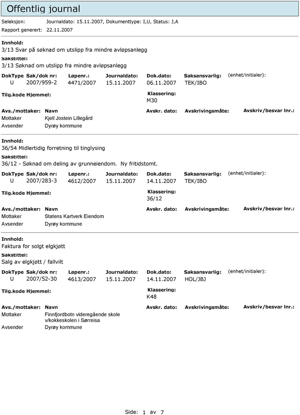 2007 TEK/BO M30 Mottaker Kjell Jostein Lillegård 36/54 Midlertidig forretning til tinglysing 36/12 - Søknad om deling av grunneiendom.