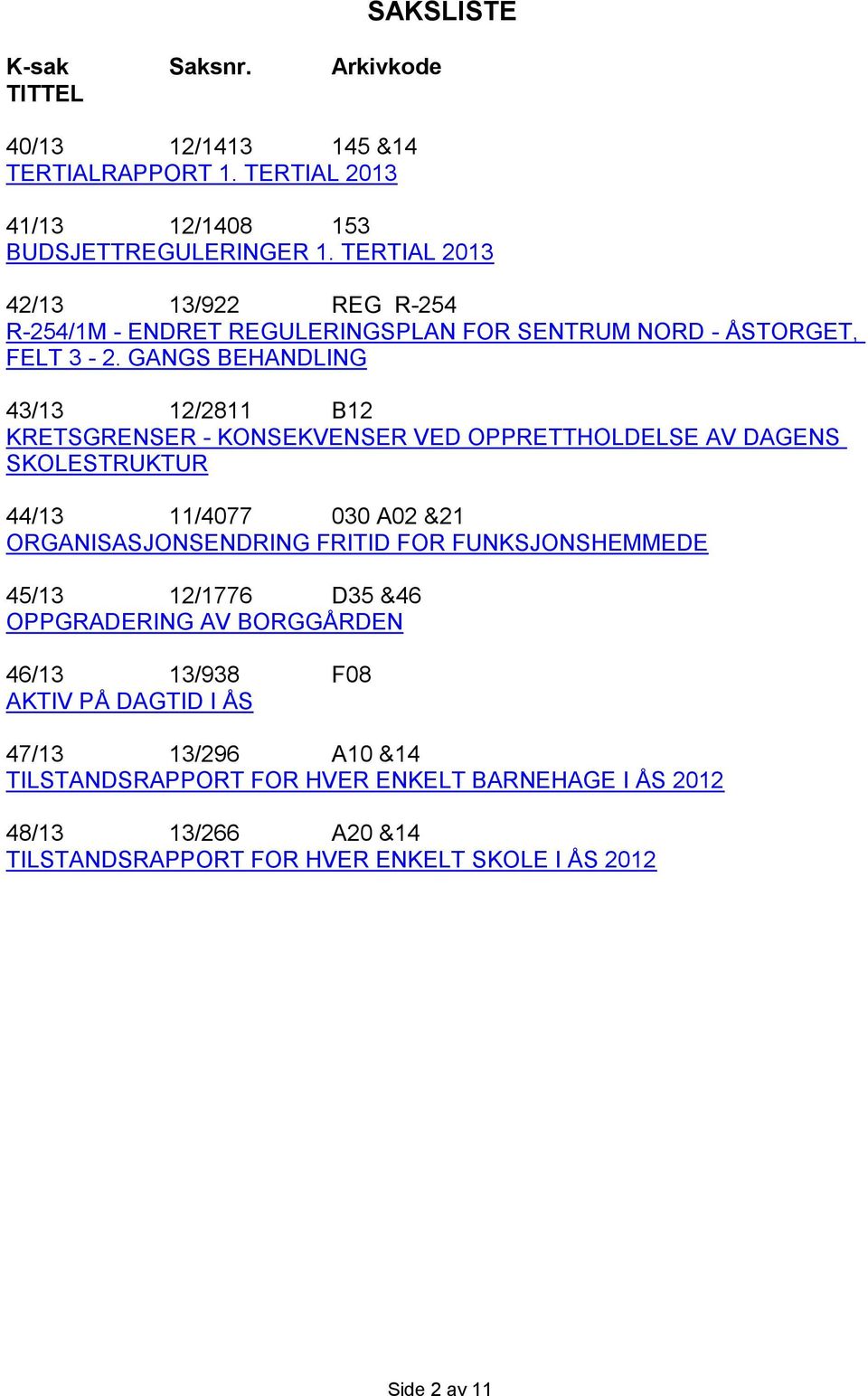 GANGS BEHANDLING 43/13 12/2811 B12 KRETSGRENSER - KONSEKVENSER VED OPPRETTHOLDELSE AV DAGENS SKOLESTRUKTUR 44/13 11/4077 030 A02 &21 ORGANISASJONSENDRING FRITID FOR