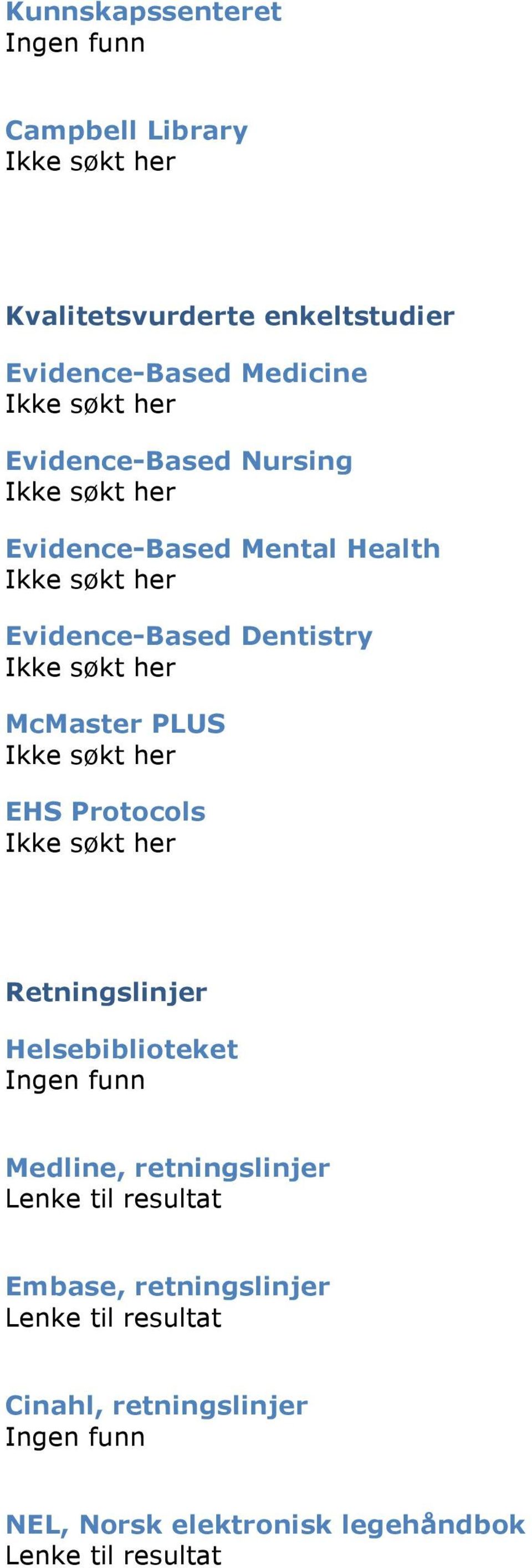 Protocols Retningslinjer Helsebiblioteket Medline, retningslinjer Lenke til resultat Embase,