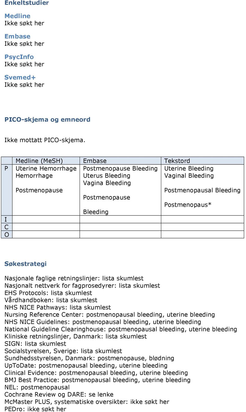 Postmenopausal Bleeding Postmenopaus* Søkestrategi Nasjonale faglige retningslinjer: lista skumlest Nasjonalt nettverk for fagprosedyrer: lista skumlest EHS Protocols: lista skumlest Vårdhandboken: