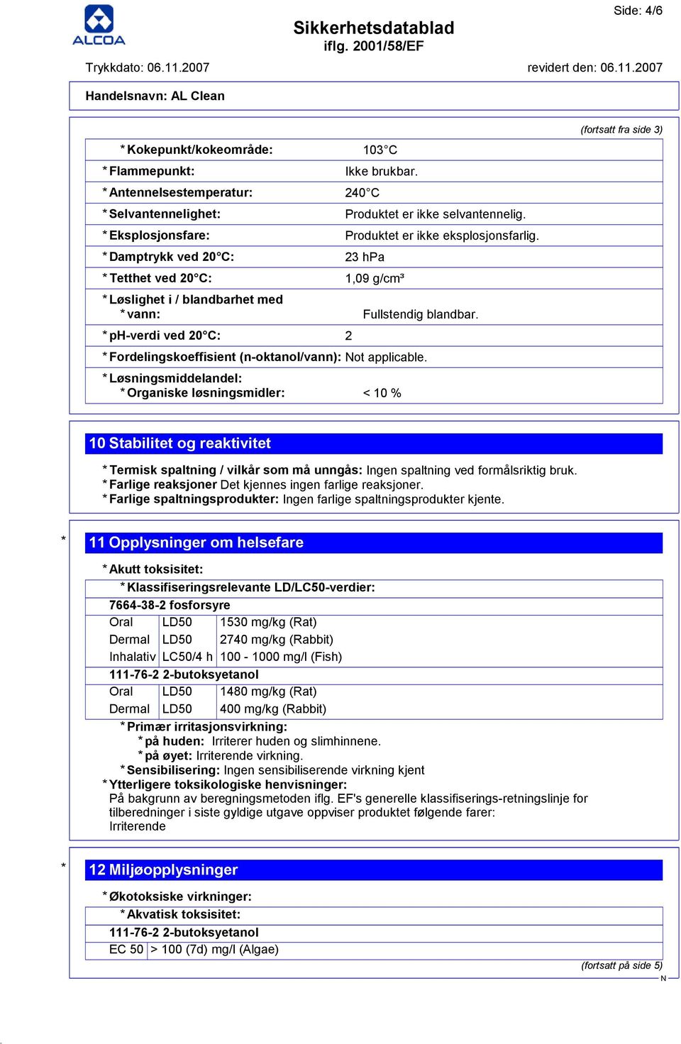 * ph-verdi ved 20 C: 2 * Fordelingskoeffisient (n-oktanol/vann): ot applicable.