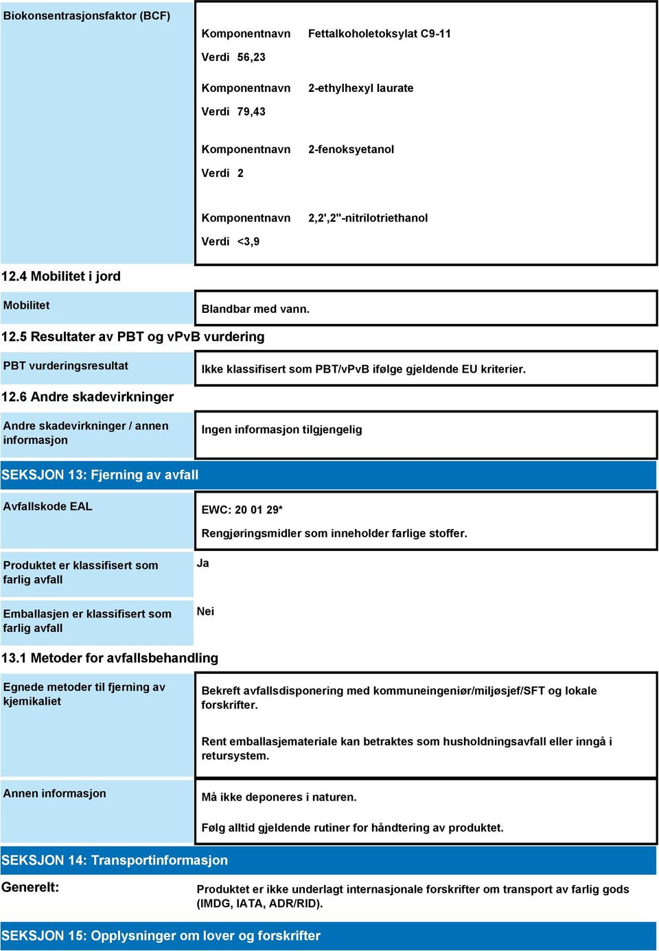 12.6 Andre skadevirkninger Andre skadevirkninger / annen informasjon SEKSJON 13: Fjerning av avfall Avfallskode EAL EWC: 20 01 29* Rengjøringsmidler som inneholder farlige stoffer.