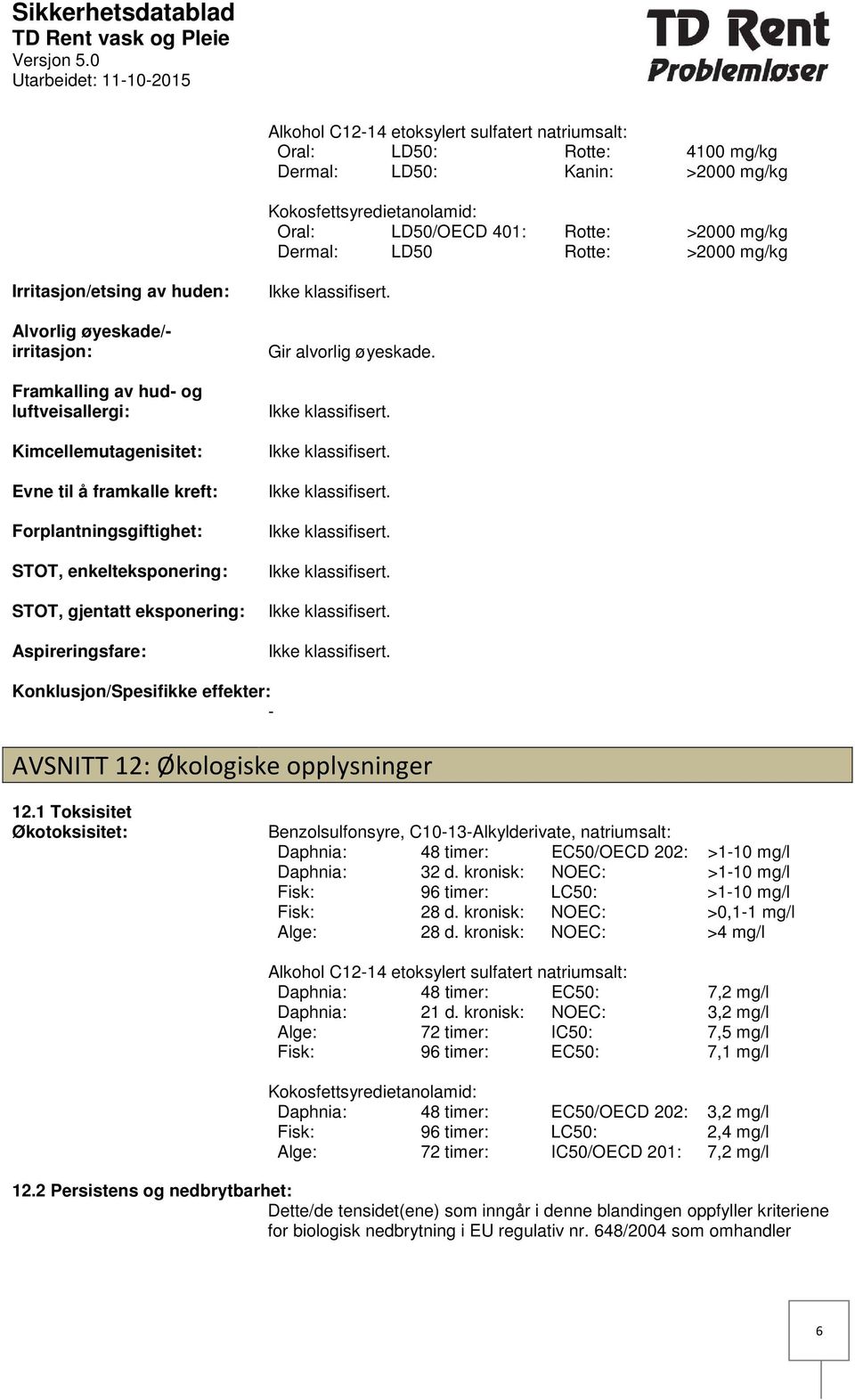 Forplantningsgiftighet: STOT, enkelteksponering: STOT, gjentatt eksponering: Aspireringsfare: Gir alvorlig øyeskade. Konklusjon/Spesifikke effekter: AVSNITT 12: Økologiske opplysninger 12.